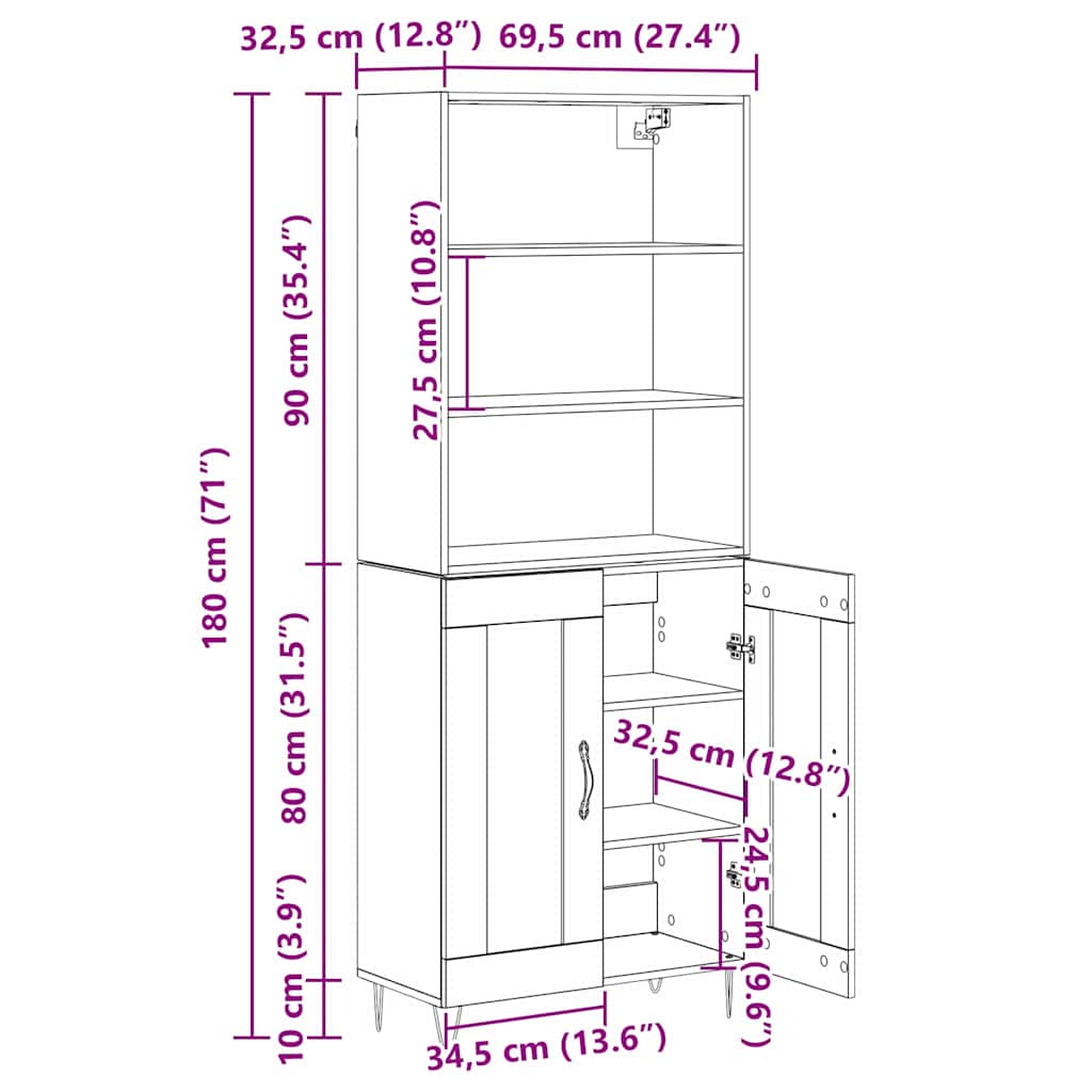 Highboard 2 pcs Umjetnički hrast Konstruirano drvo