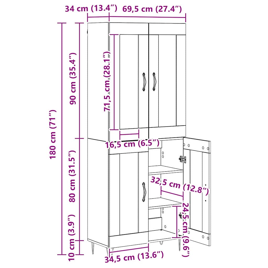 Highboard Umjetnički hrast 69,5 x 34 x 180 cm Konstruirano drvo