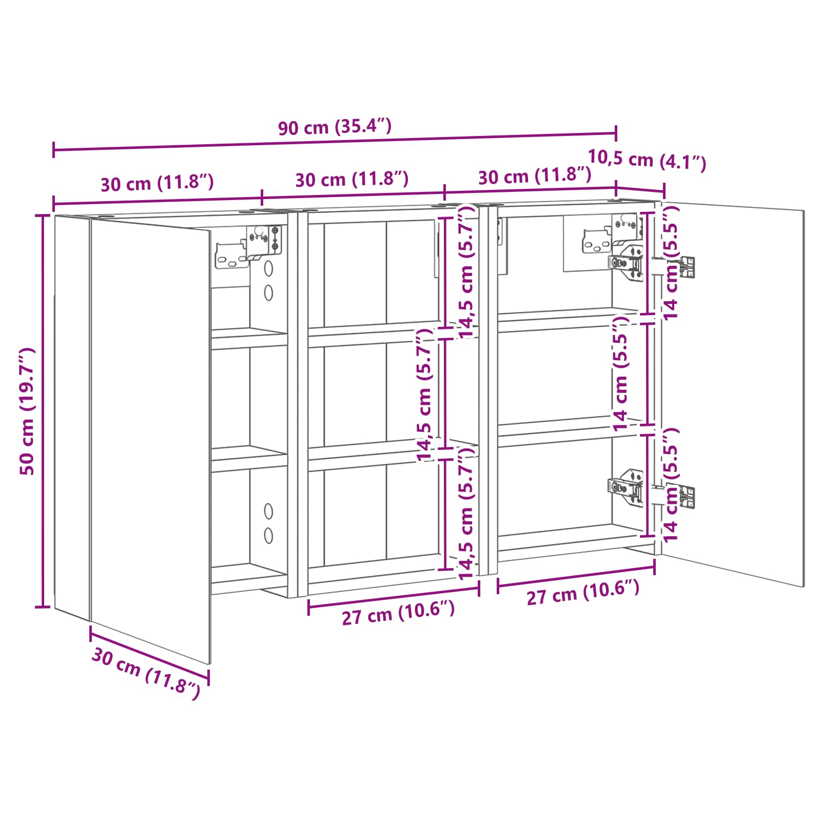 Set ormarića za kupaonicu S LED lampica 3 pcs 90 x 10,5 x 50 cm