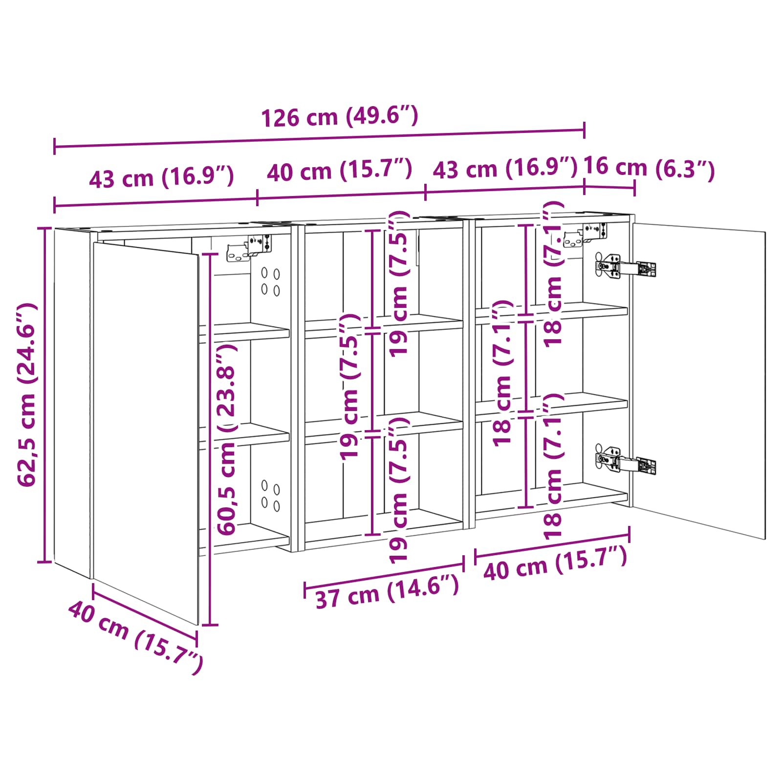 Set ormarića za kupaonicu s policom 3 pcs 126 x 16 x 62.5 cm