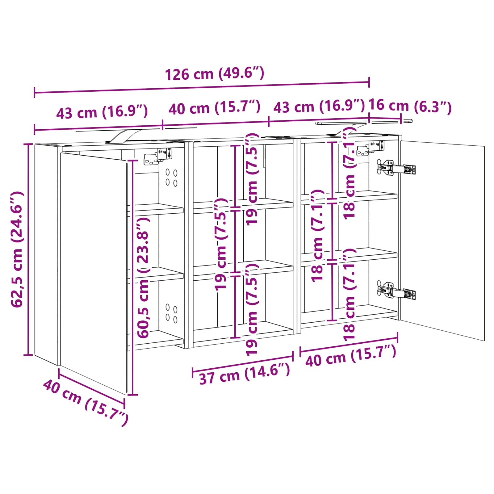 Set ormarića za kupaonicu s policom 3 pcs 126 x 16 x 62.5 cm