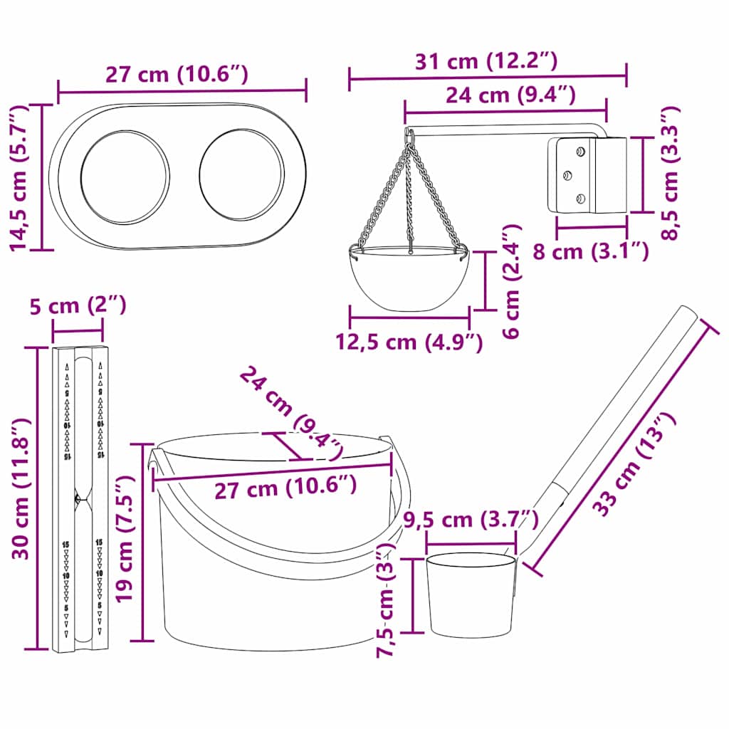 Set pribora za saunu 5 pcs Crna Aluminij i čvrsto drvo bora