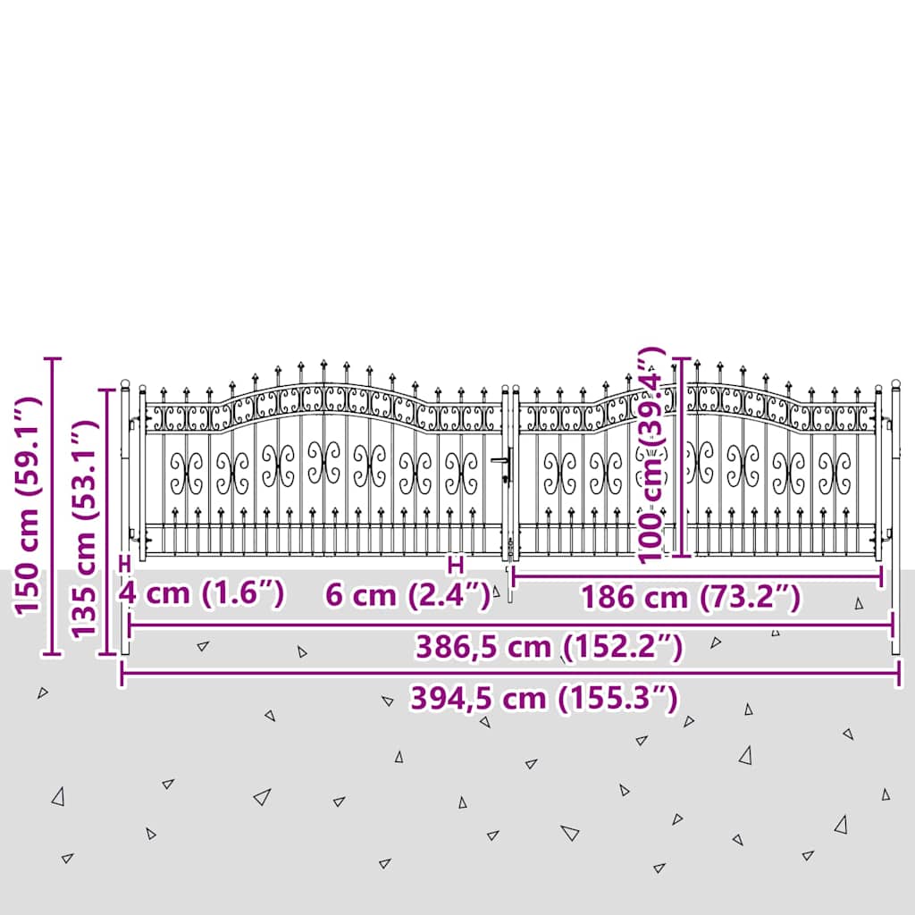 Kapija s vrhom u obliku koplja KAMPEN 404 x 100 cm Čelik Siva