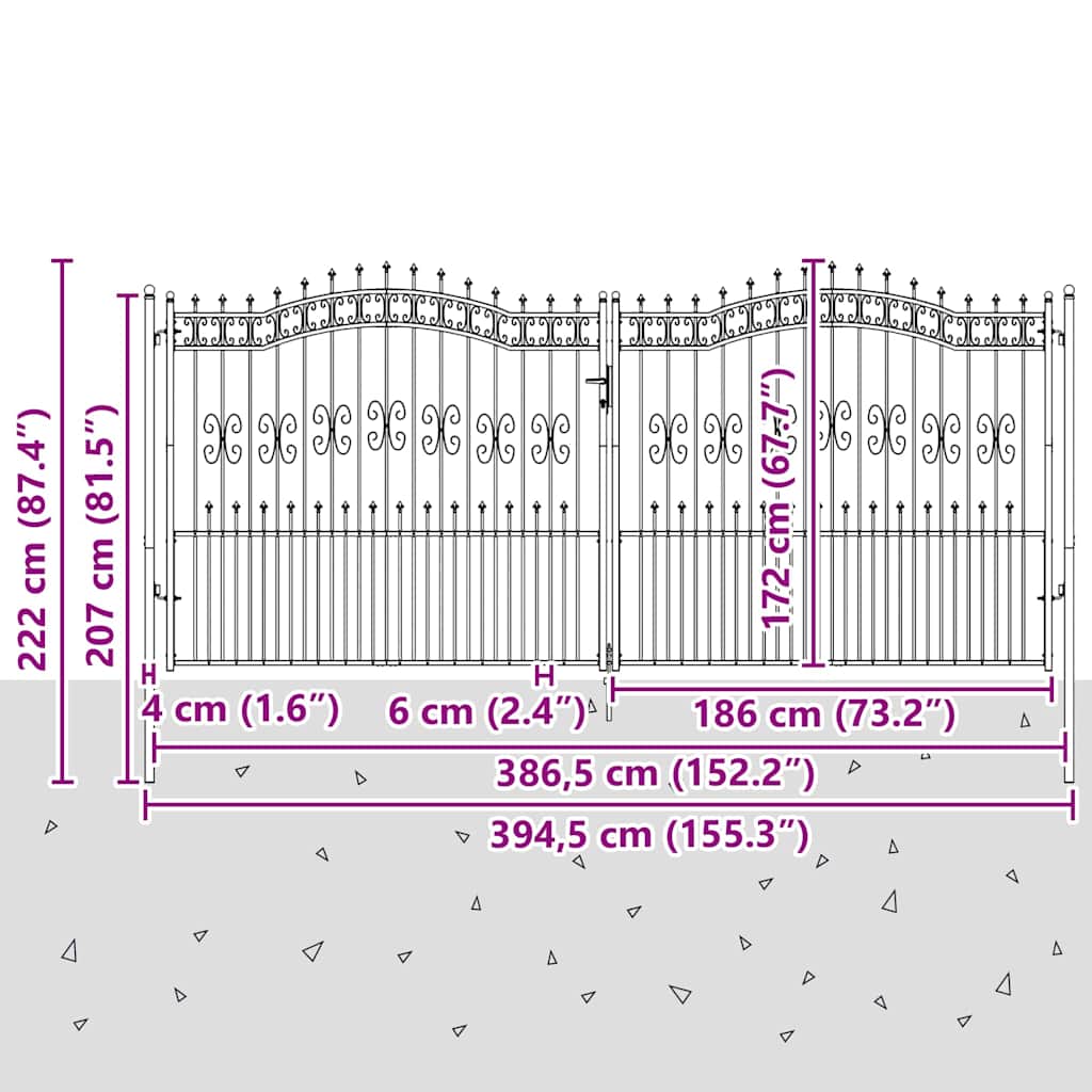 Kapija s vrhom u obliku koplja KAMPEN 404 x 175 cm Čelik Siva