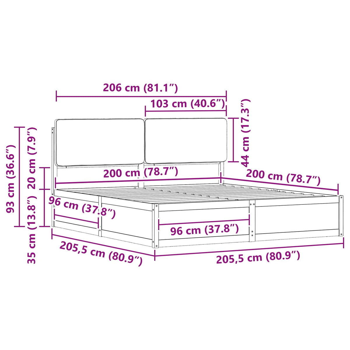 Krevetni okvir s tapiciranim uzglavljem Crna 200 x 200 cm
