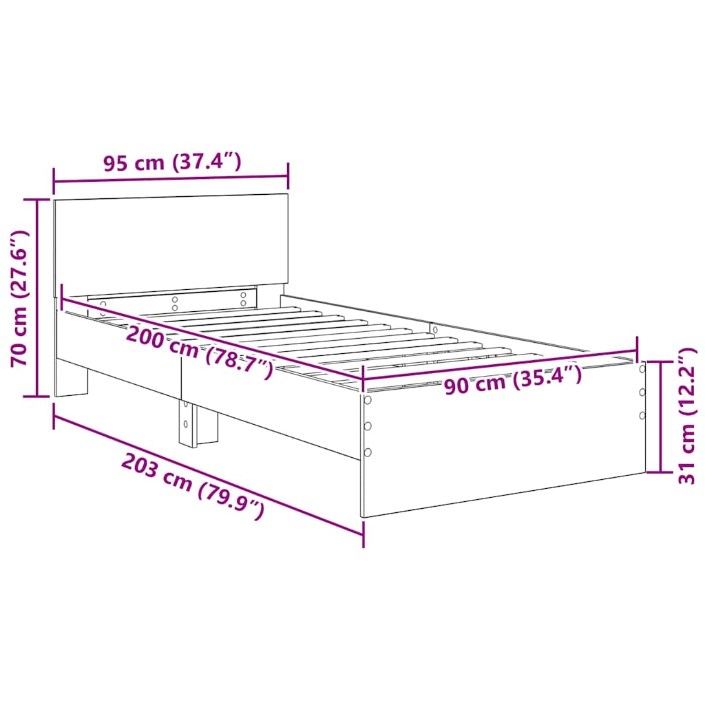 Krevetna konstrukcija s uzglavljem Umjetnički hrast 90 x 200 cm