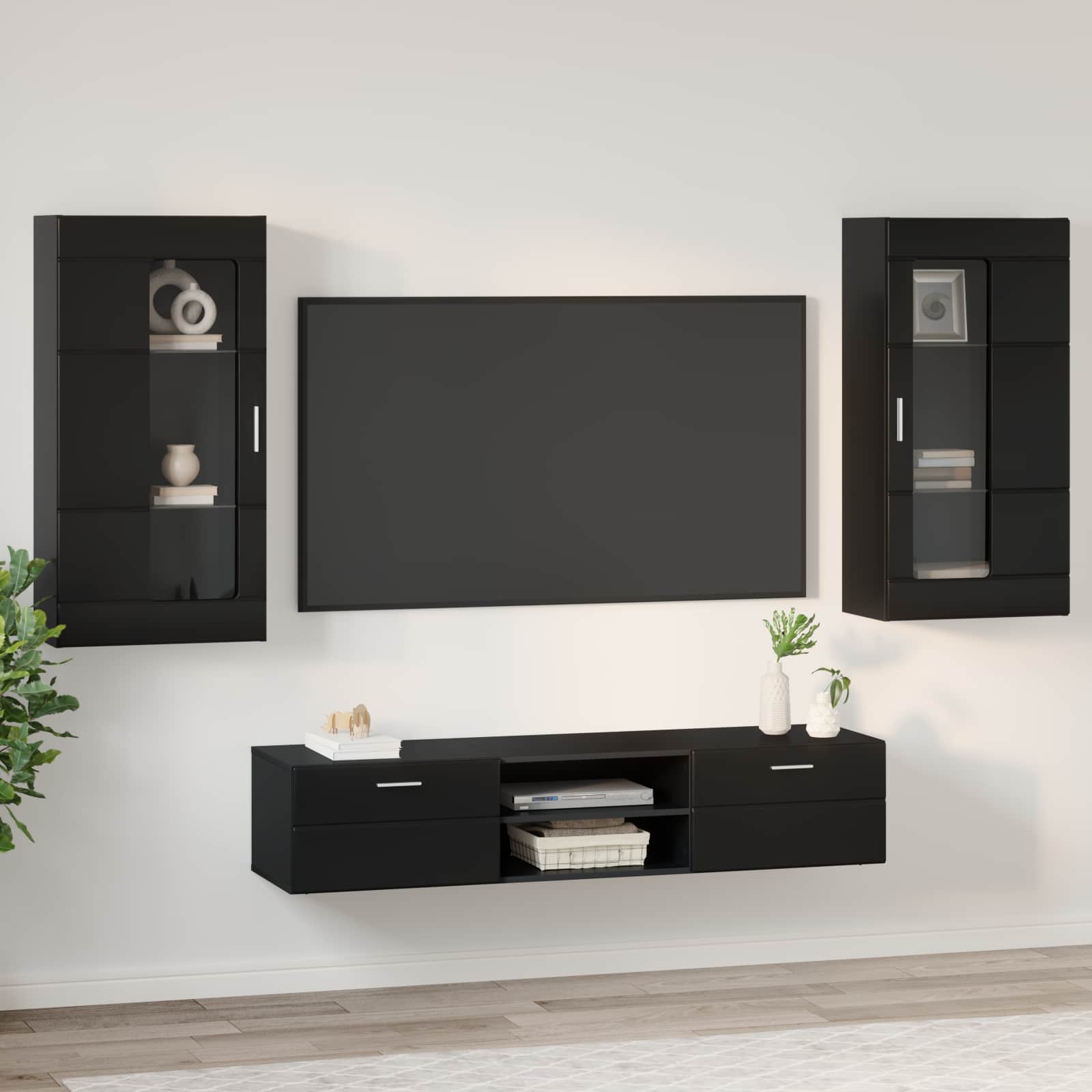 Set TV komoda s ladicama FLORIN 3 pcs Crna Konstruirano drvo