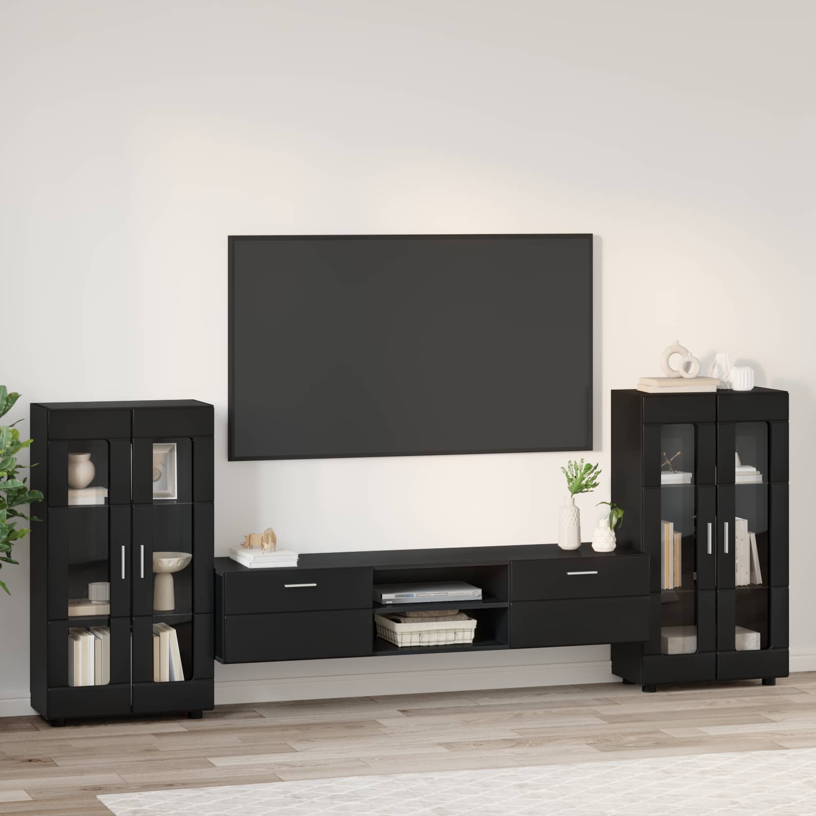 Set TV komoda s ladicama FLORIN 3 pcs Crna Konstruirano drvo