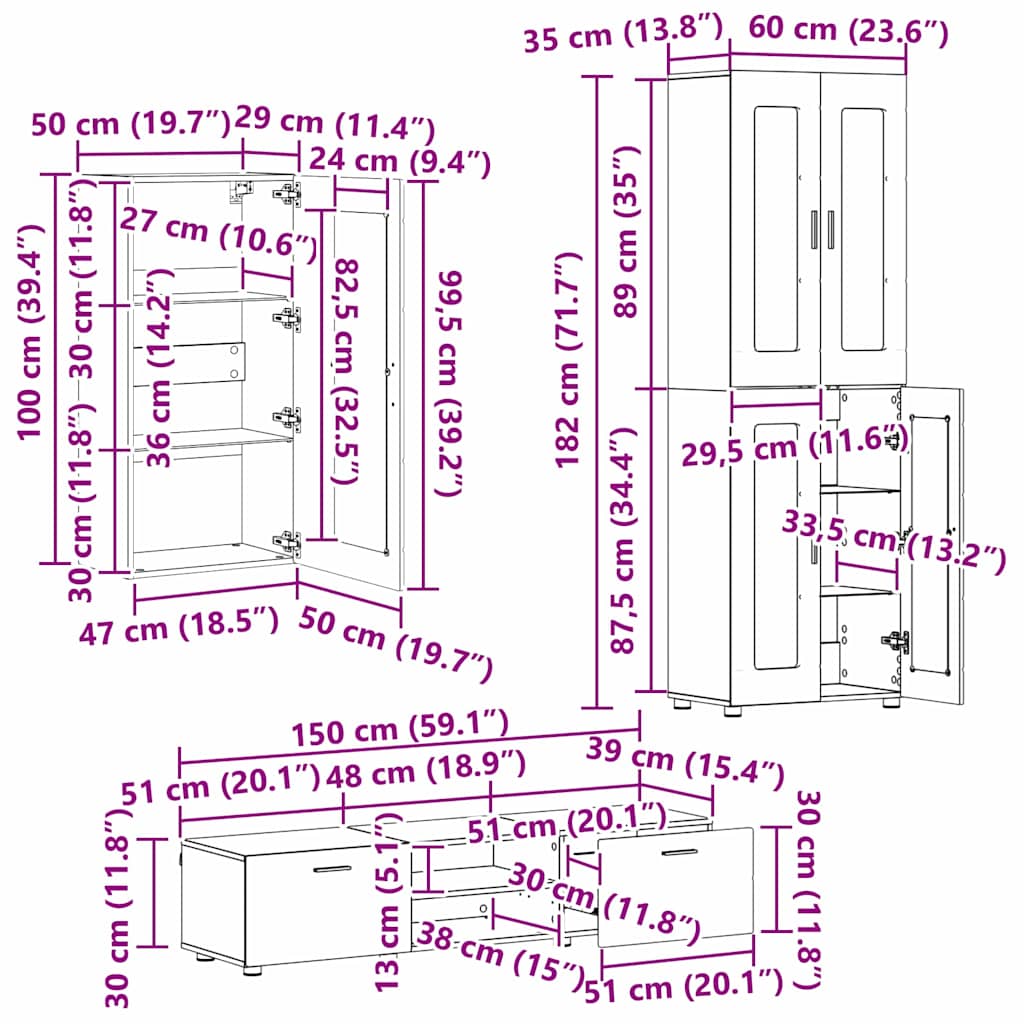 Set TV komoda s ladicama FLORIN 3 pcs Bijelo Konstruirano drvo