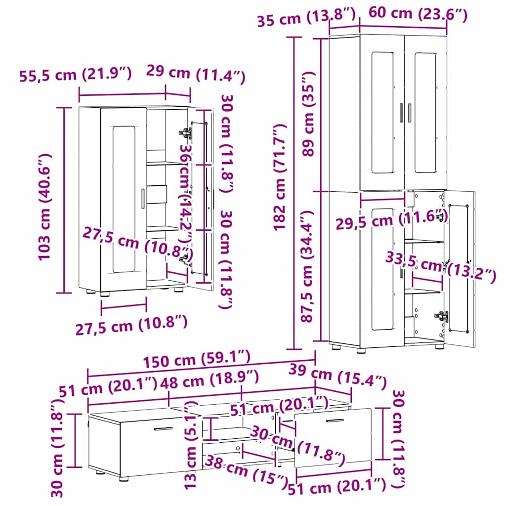 Set TV komoda FLORIN 3 pcs Staro drvo Konstruirano drvo