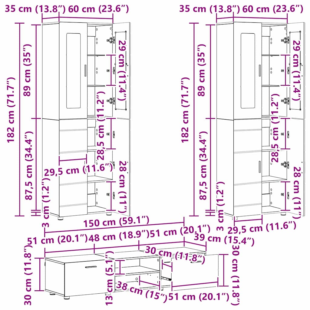 Set TV komoda FLORIN 3 pcs Betonski sivi Konstruirano drvo