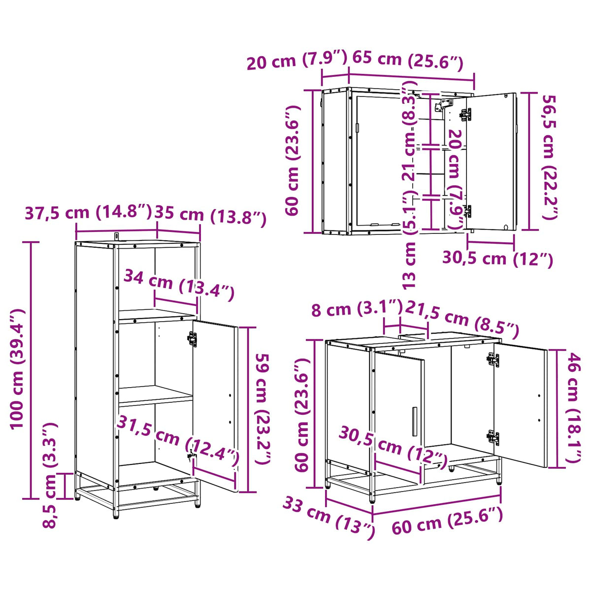 Set namještaja za kupaonicu 3 kom. Crni hrast 60 x 33 x 60 cm