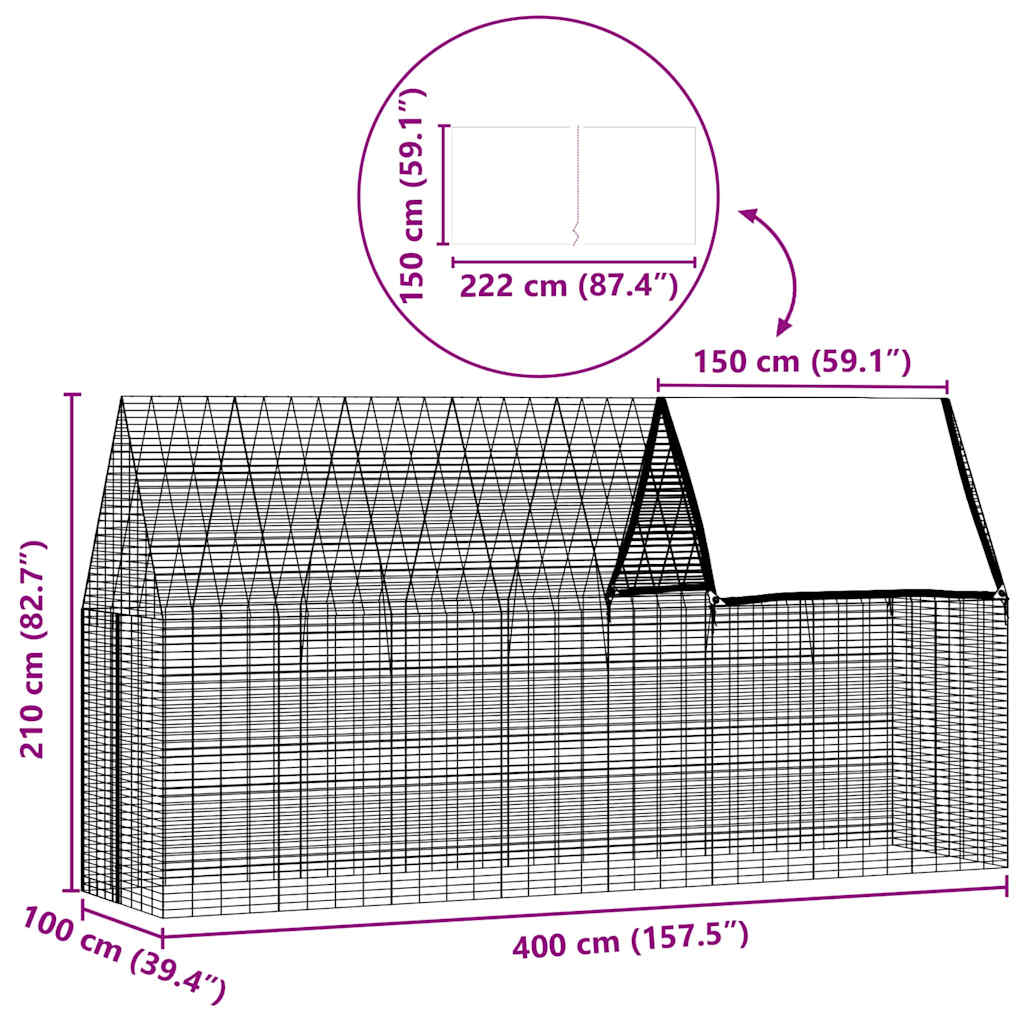 Kavez za zečeve Srebrno 400 x 100 x 210 cm Cinkani čelik