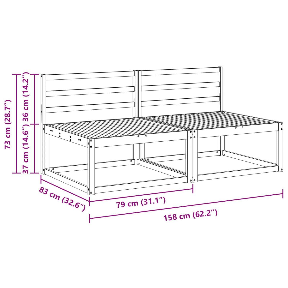 2 Komad Srednja sofa za van Prirodna 158 x 83 x 73 cm