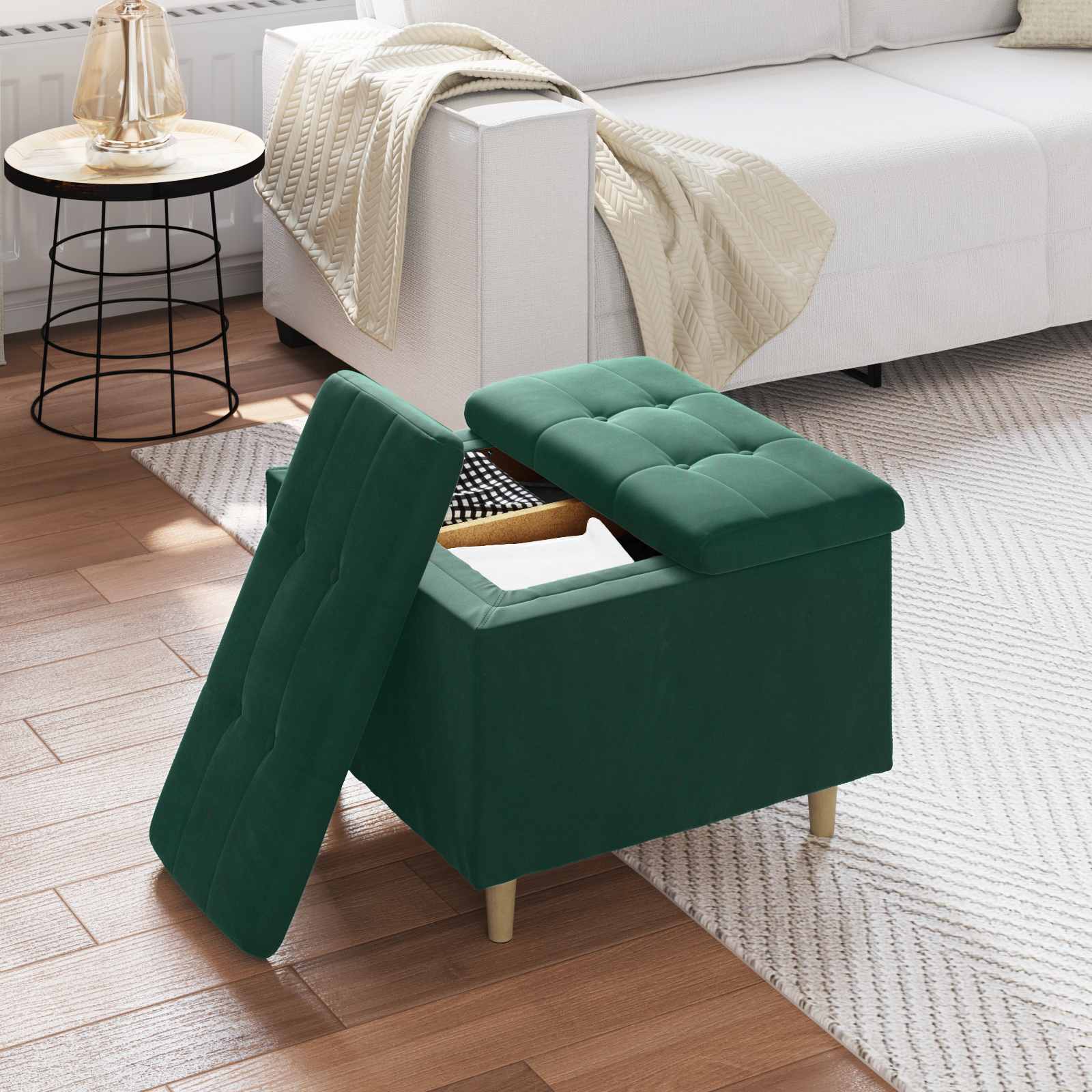 Otoman za pohranu s jastukom Tamnozelena 60 x 60 x 45 cm Baršun