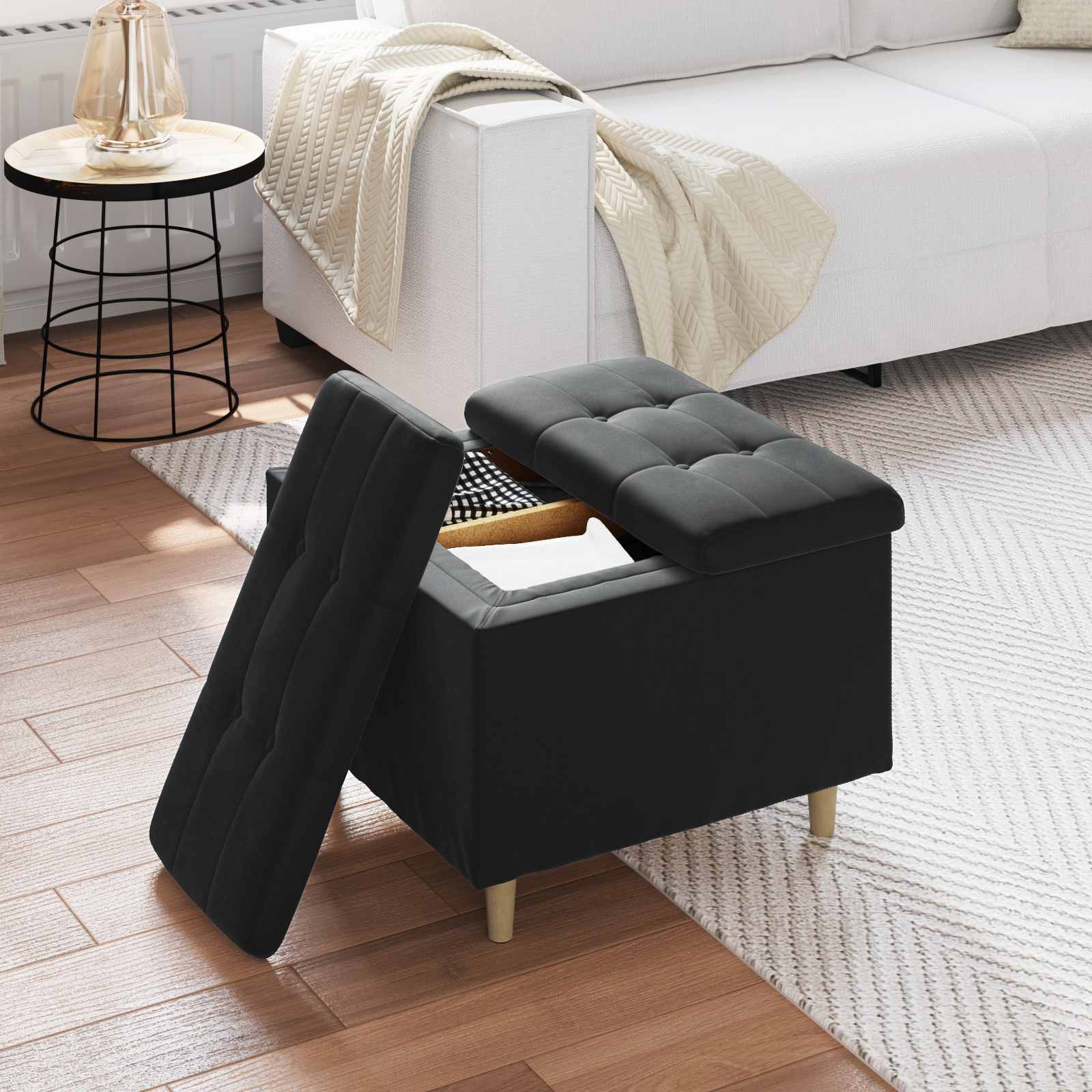 Otoman za pohranu s jastukom Crna 60 x 60 x 45 cm Baršun