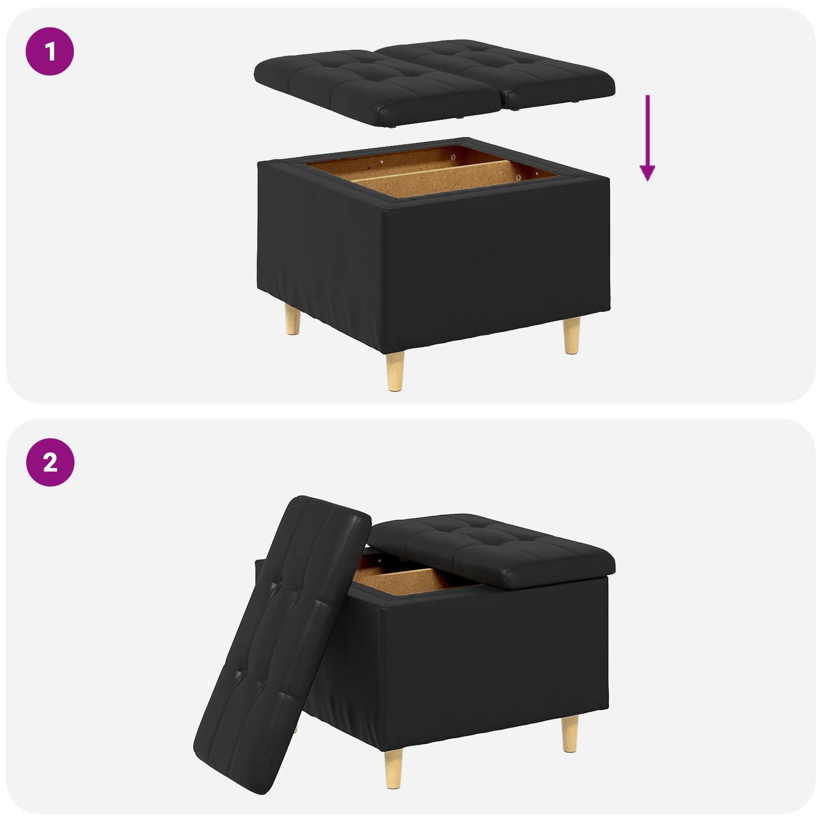 Otoman za pohranu s jastukom Crna 60 x 60 x 45 cm Umjetna koža