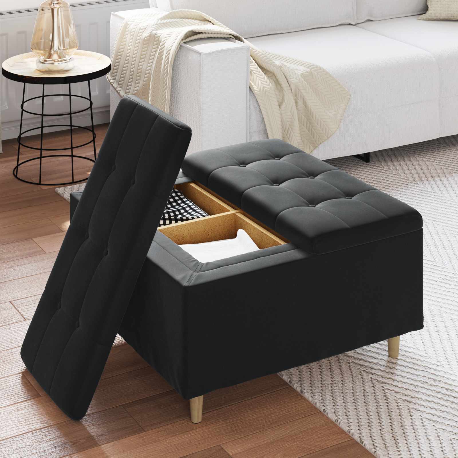 Otoman za pohranu s jastukom Crna 80 x 80 x 45 cm Baršun