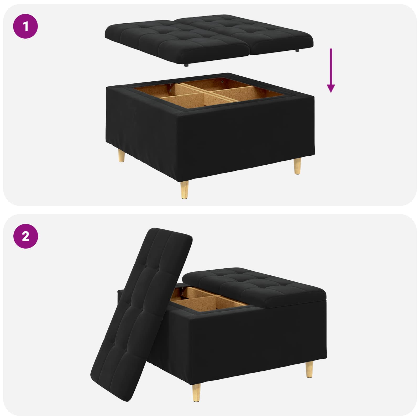 Otoman za pohranu s jastukom Crna 80 x 80 x 45 cm Baršun