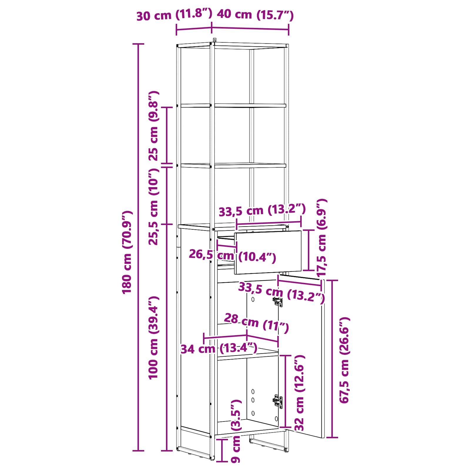 Kupaonski ormar Crni hrast 40 x 30 x 180 cm Konstruirano drvo