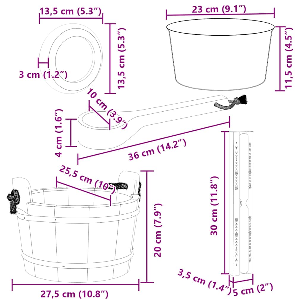 Set pribora za saunu 4 pcs Smeđa Čvrsto borovo drvo i konoplja