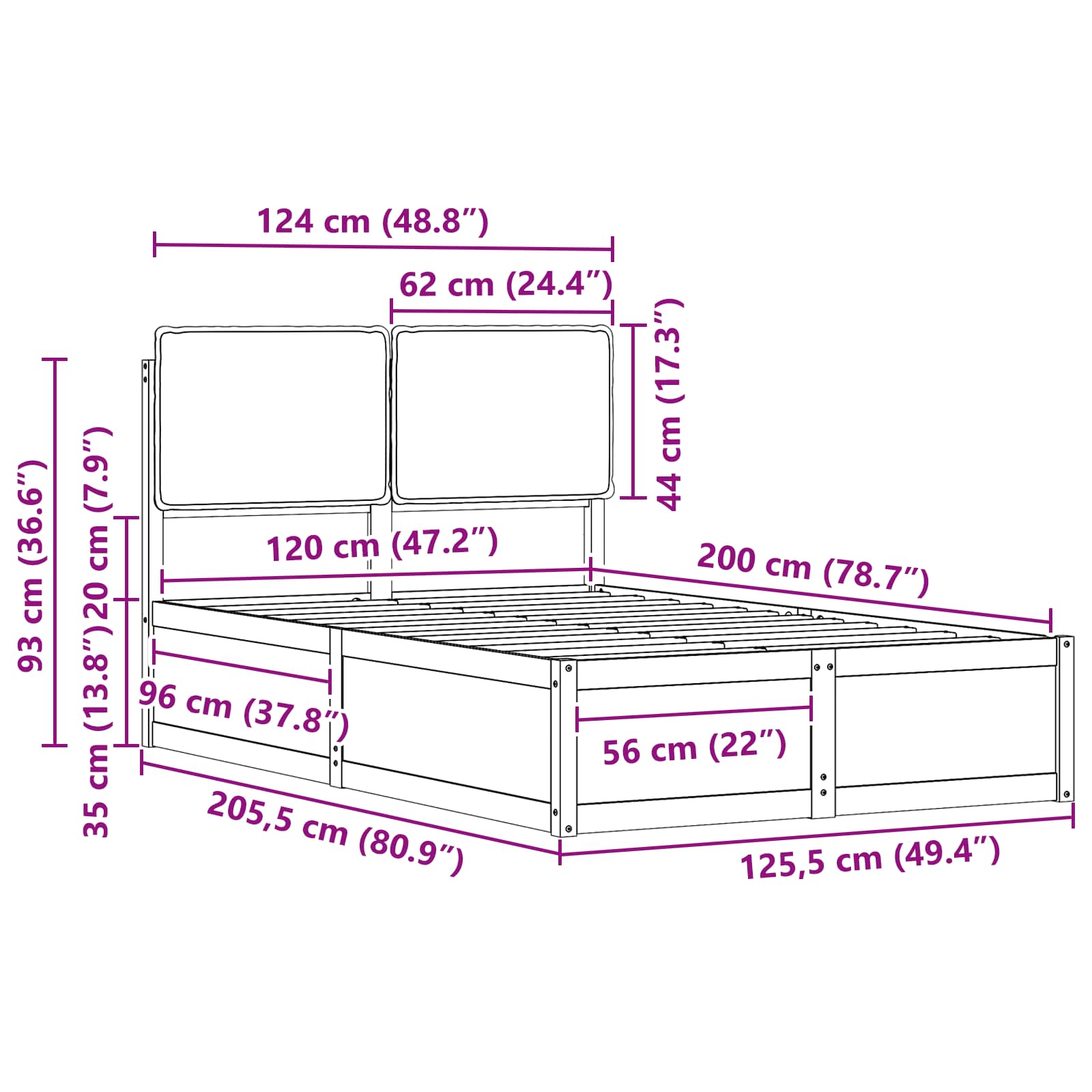 Krevetni okvir s tapiciranim uzglavljem Crna 120 x 200 cm
