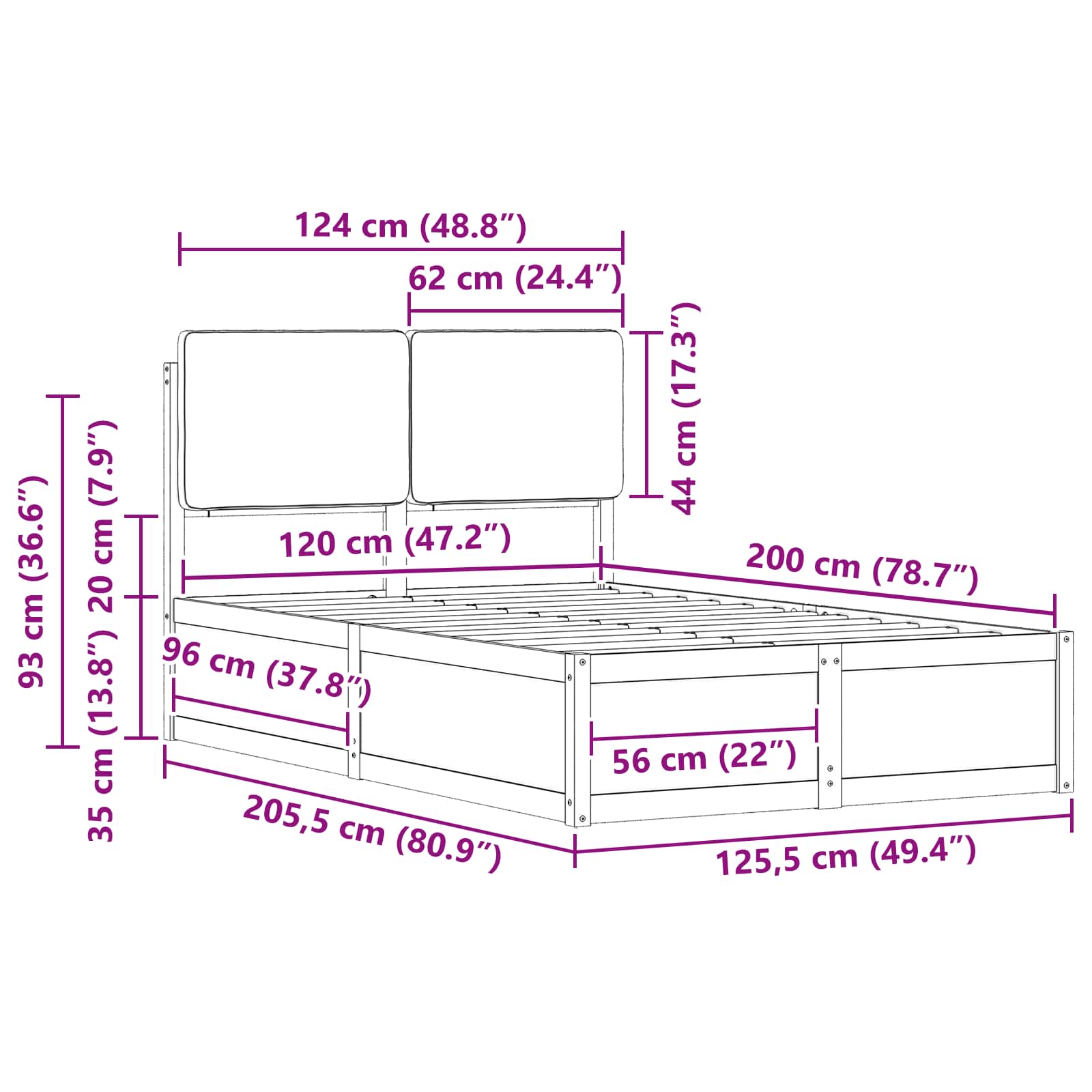 Krevetni okvir s tapiciranim uzglavljem Crna 120 x 200 cm