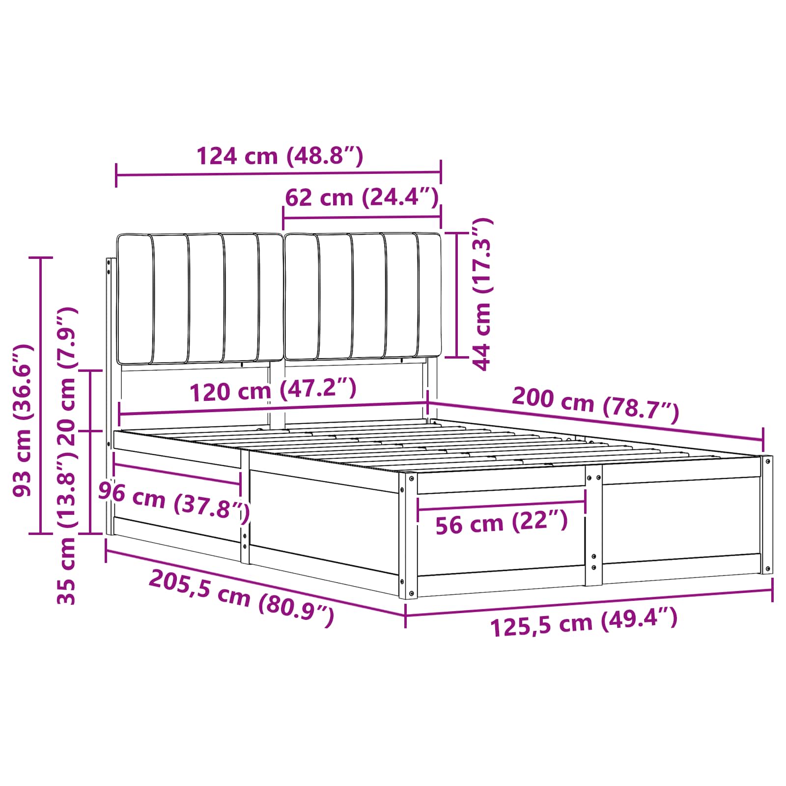Krevetni okvir s tapiciranim uzglavljem Crna 120 x 200 cm