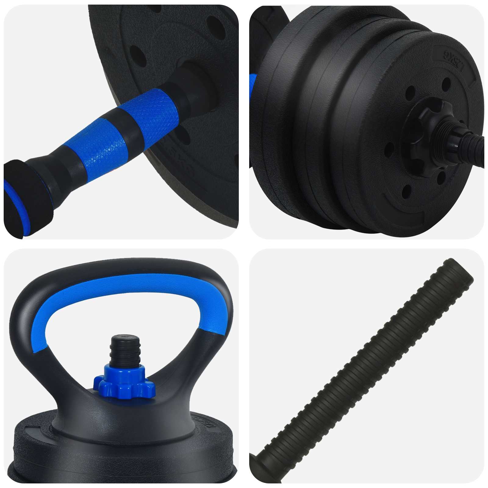 4-u-1 set bučica, brojčana i kettlebell 20 kg Crna i Plava