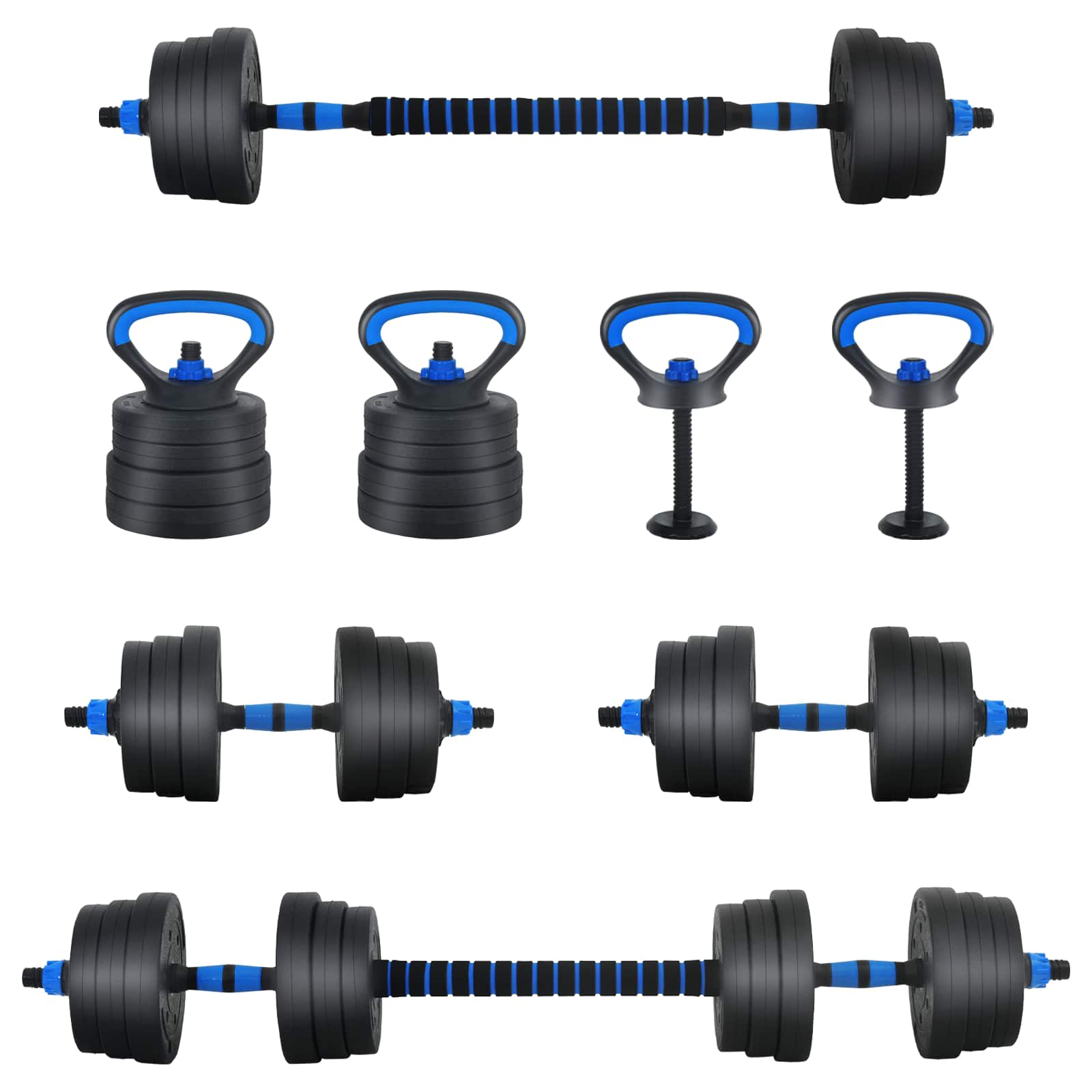 4-u-1 set bučica, brojčana i kettlebell 20 kg Crna i Plava