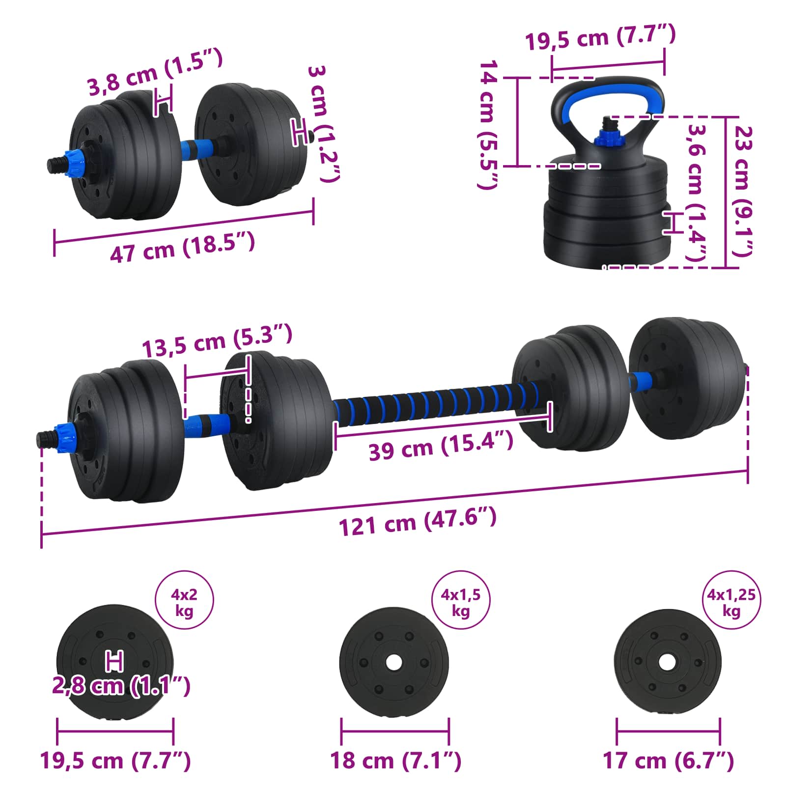 4-u-1 set bučica, brojčana i kettlebell 20 kg Crna i Plava
