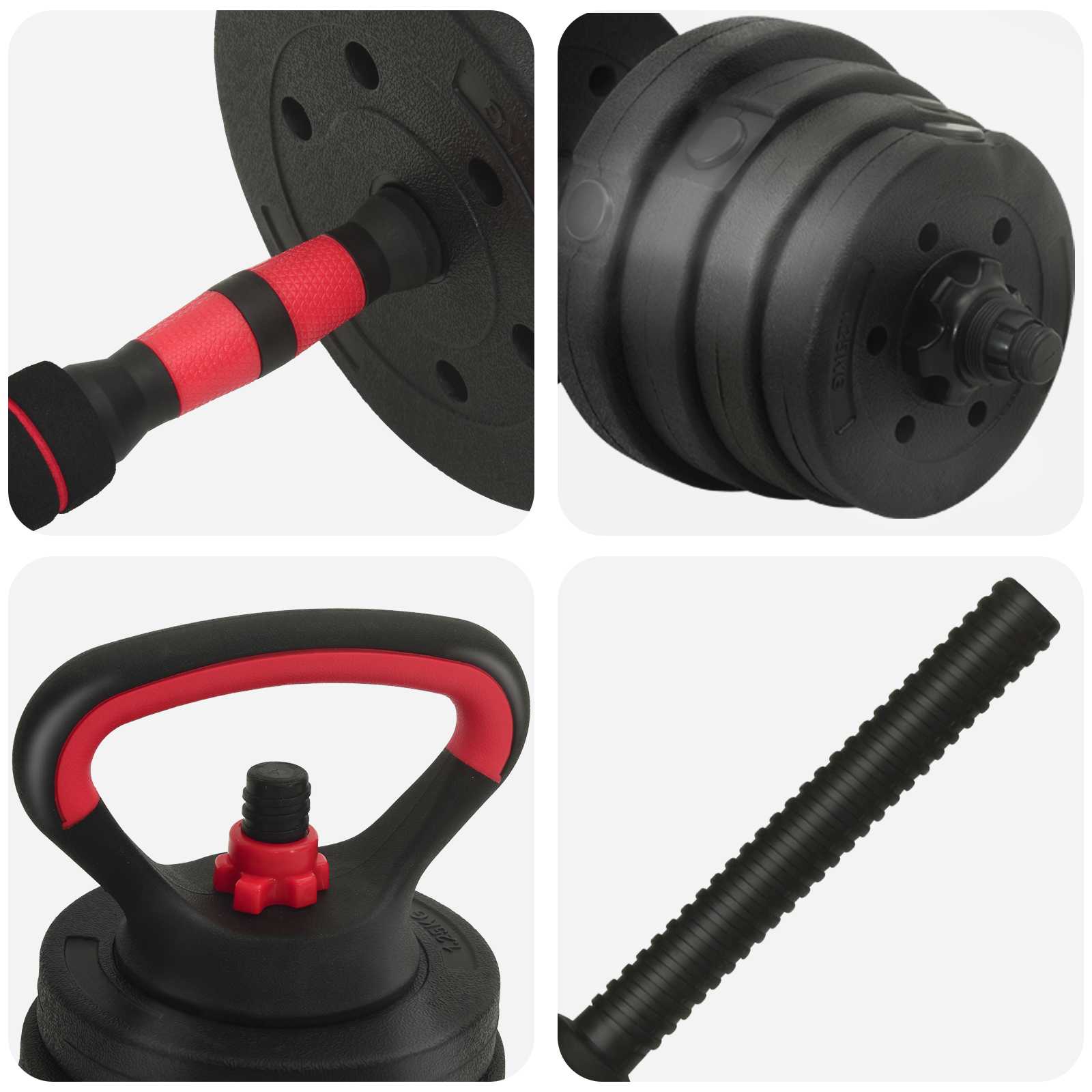 4-u-1 set bučica, brojčana i kettlebell 30 kg Crna i crvena