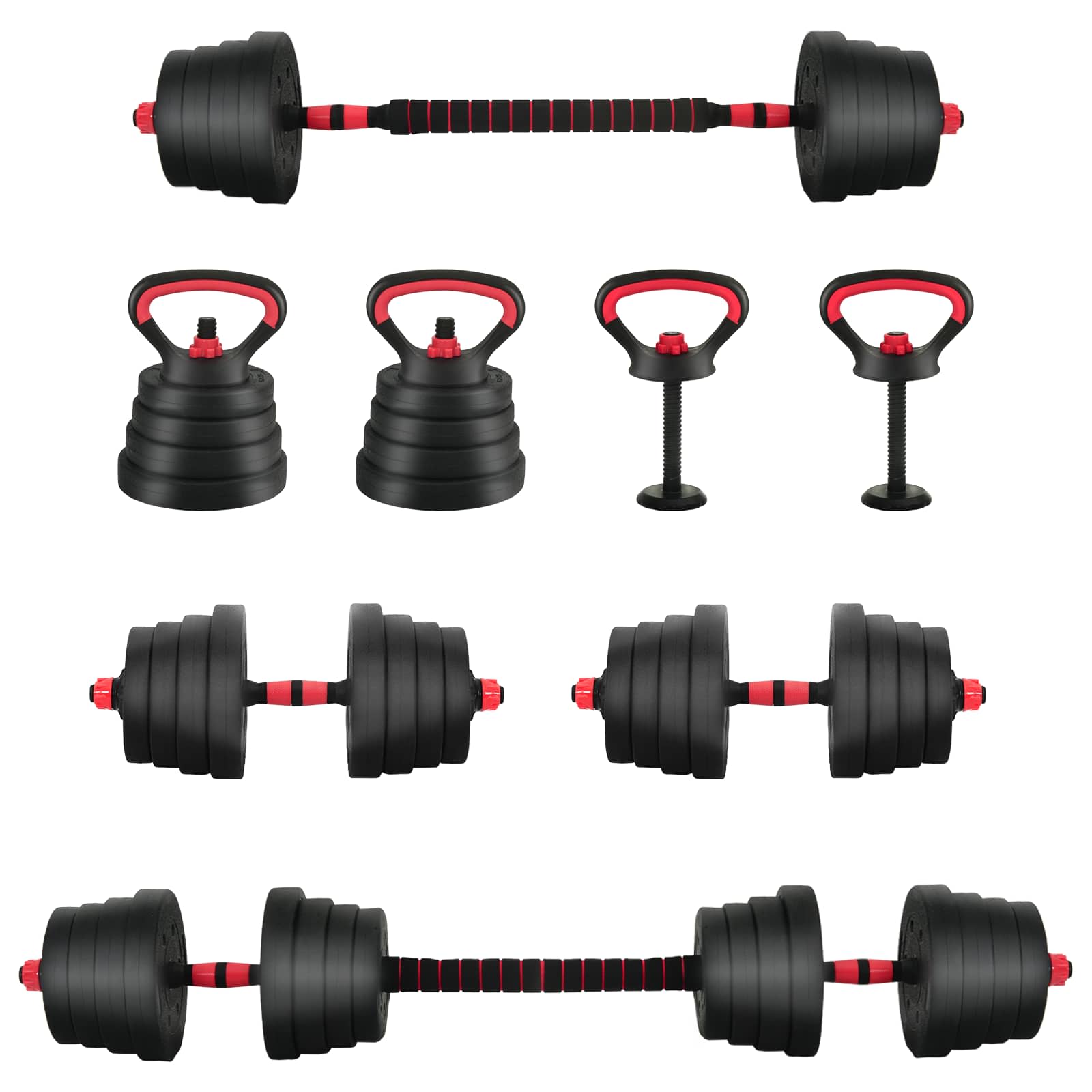 4-u-1 set bučica, brojčana i kettlebell 30 kg Crna i crvena