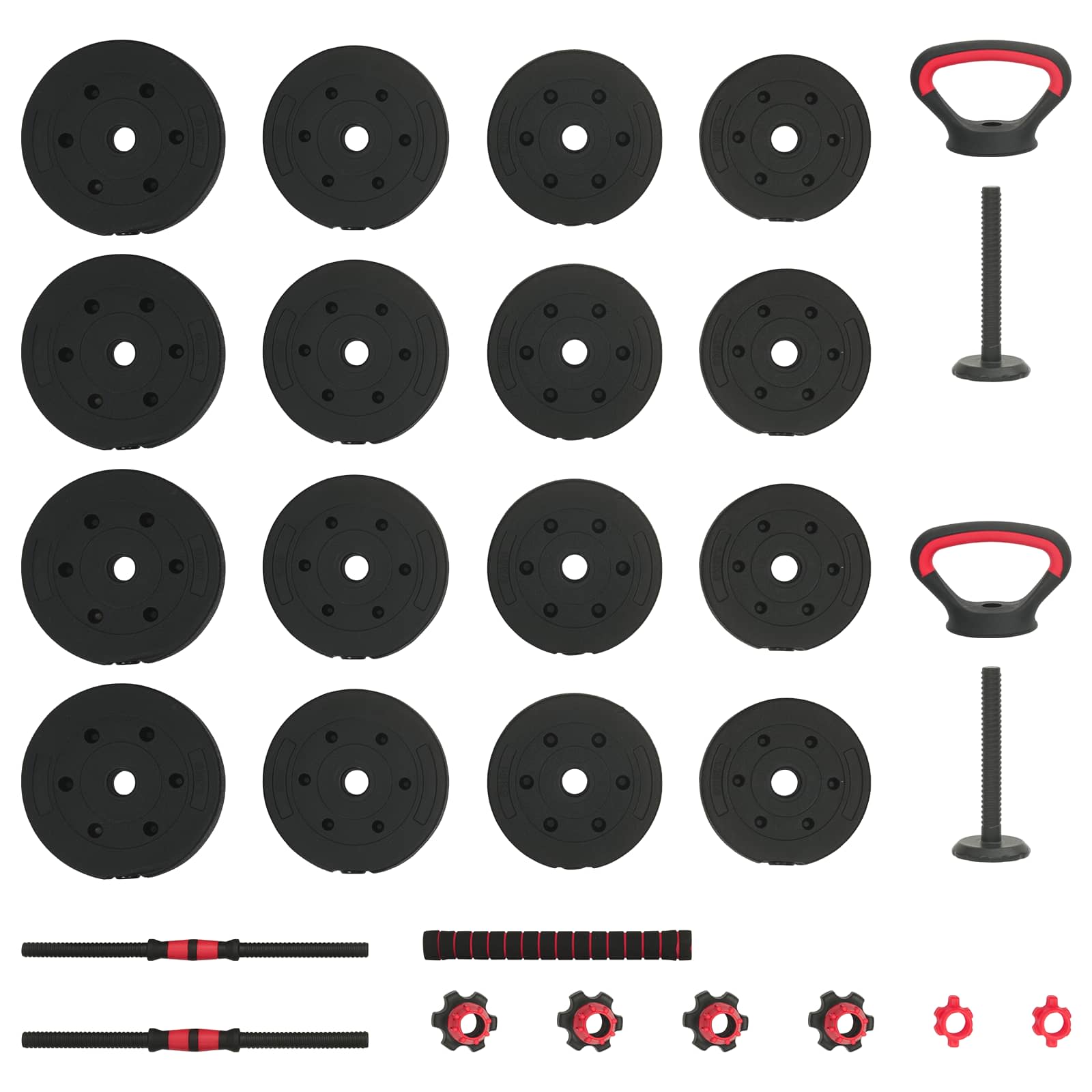 4-u-1 set bučica, brojčana i kettlebell 30 kg Crna i crvena
