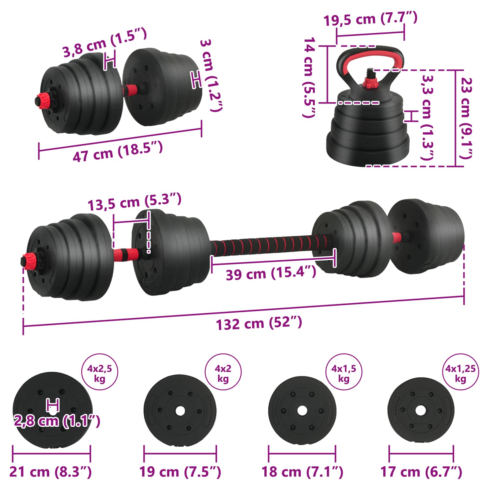 4-u-1 set bučica, brojčana i kettlebell 30 kg Crna i crvena