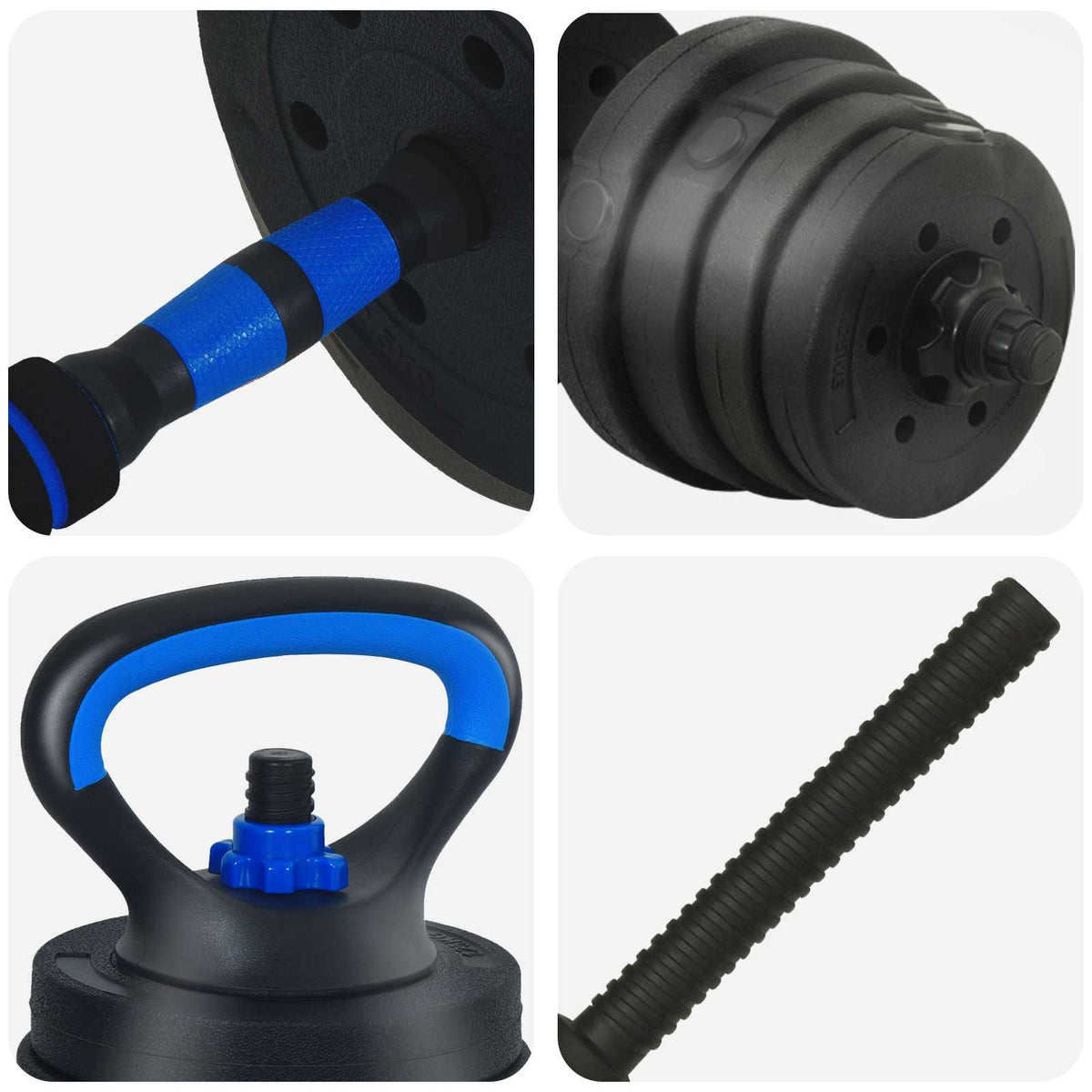 4-u-1 set bučica, brojčana i kettlebell 30 kg Crna i Plava