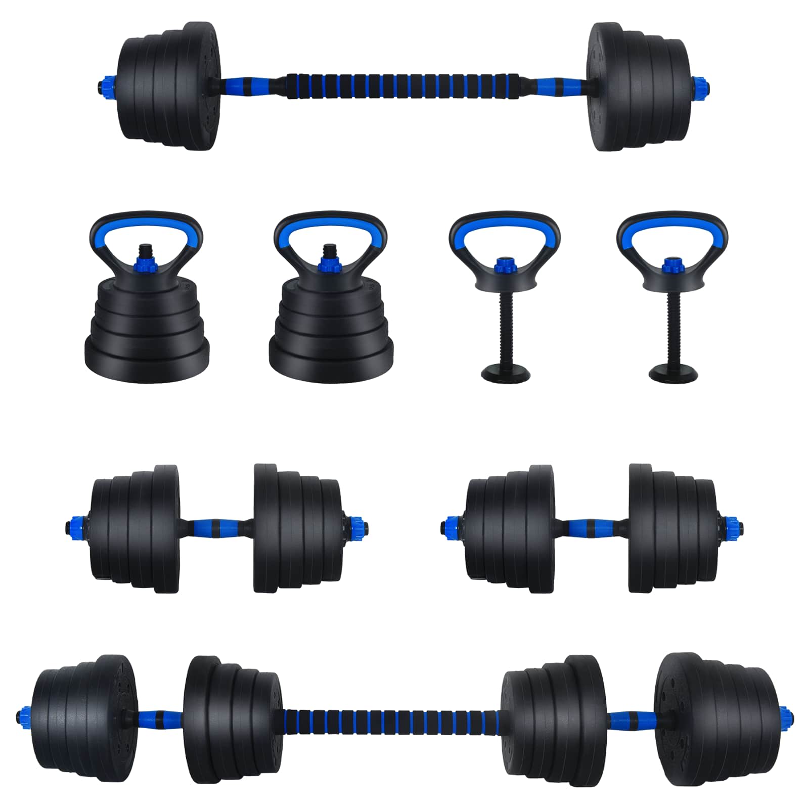 4-u-1 set bučica, brojčana i kettlebell 30 kg Crna i Plava