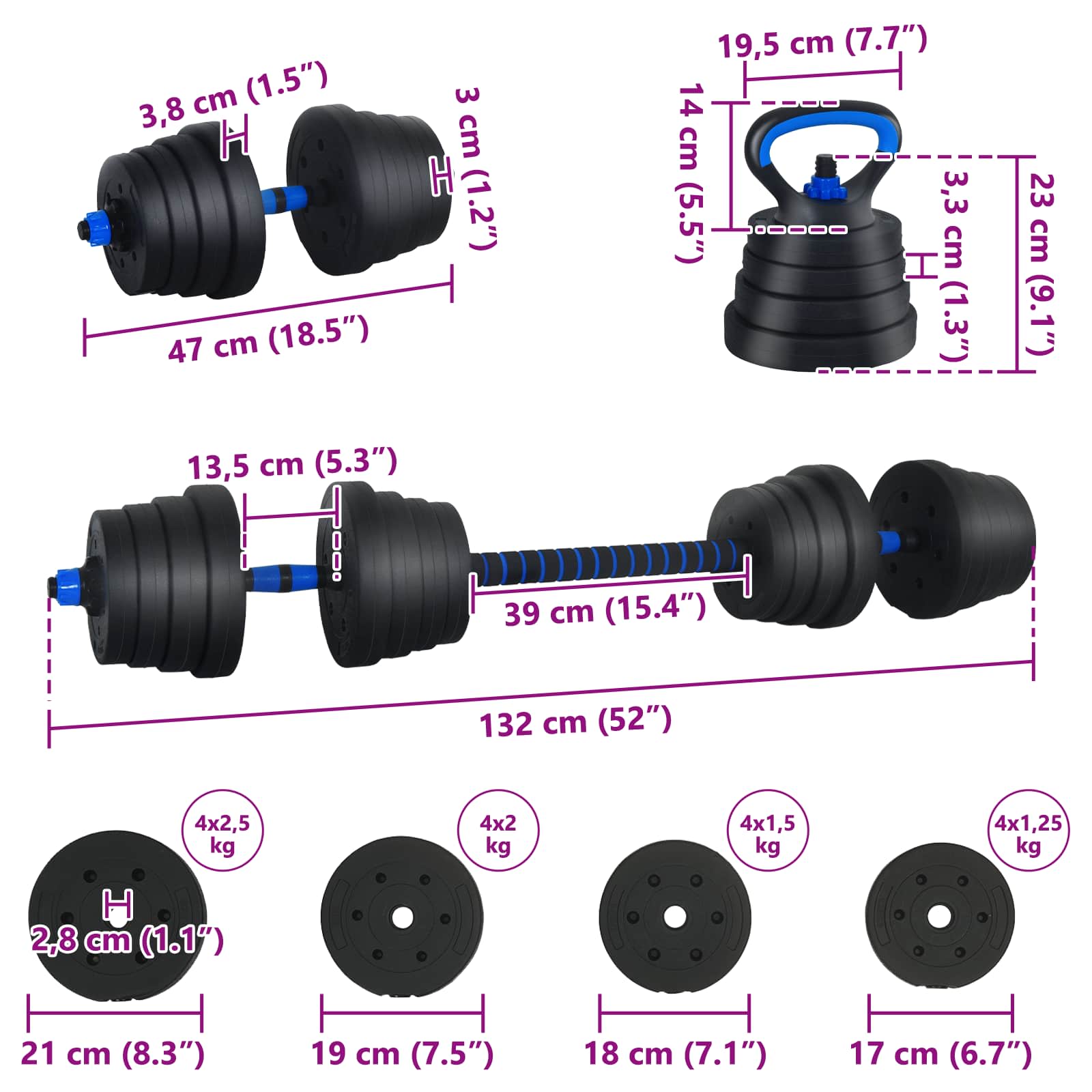 4-u-1 set bučica, brojčana i kettlebell 30 kg Crna i Plava