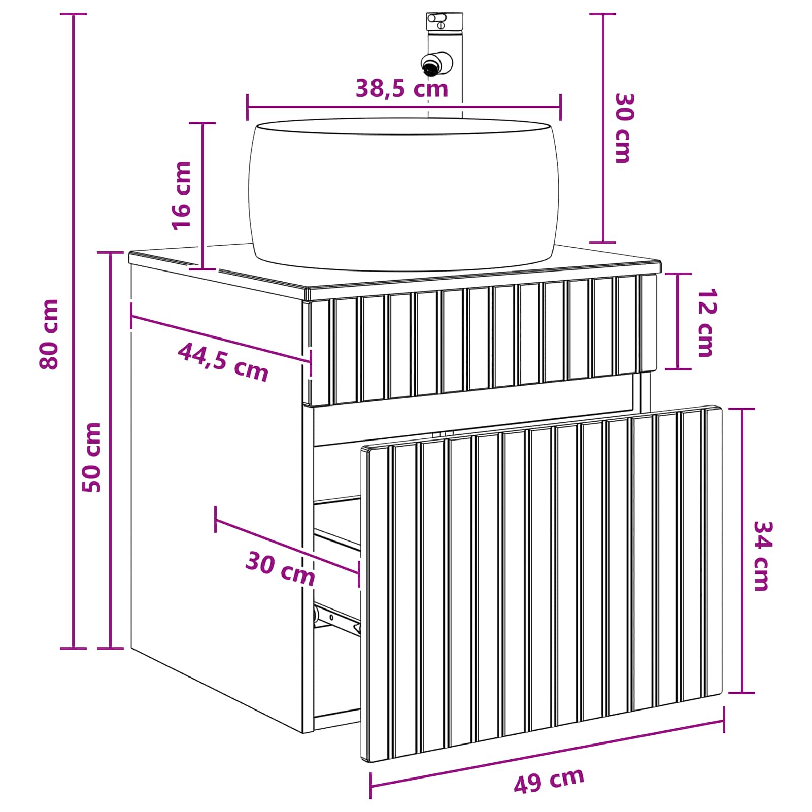 Umivaonik s policom za zid Crna 49 x 44,5 x 66 cm