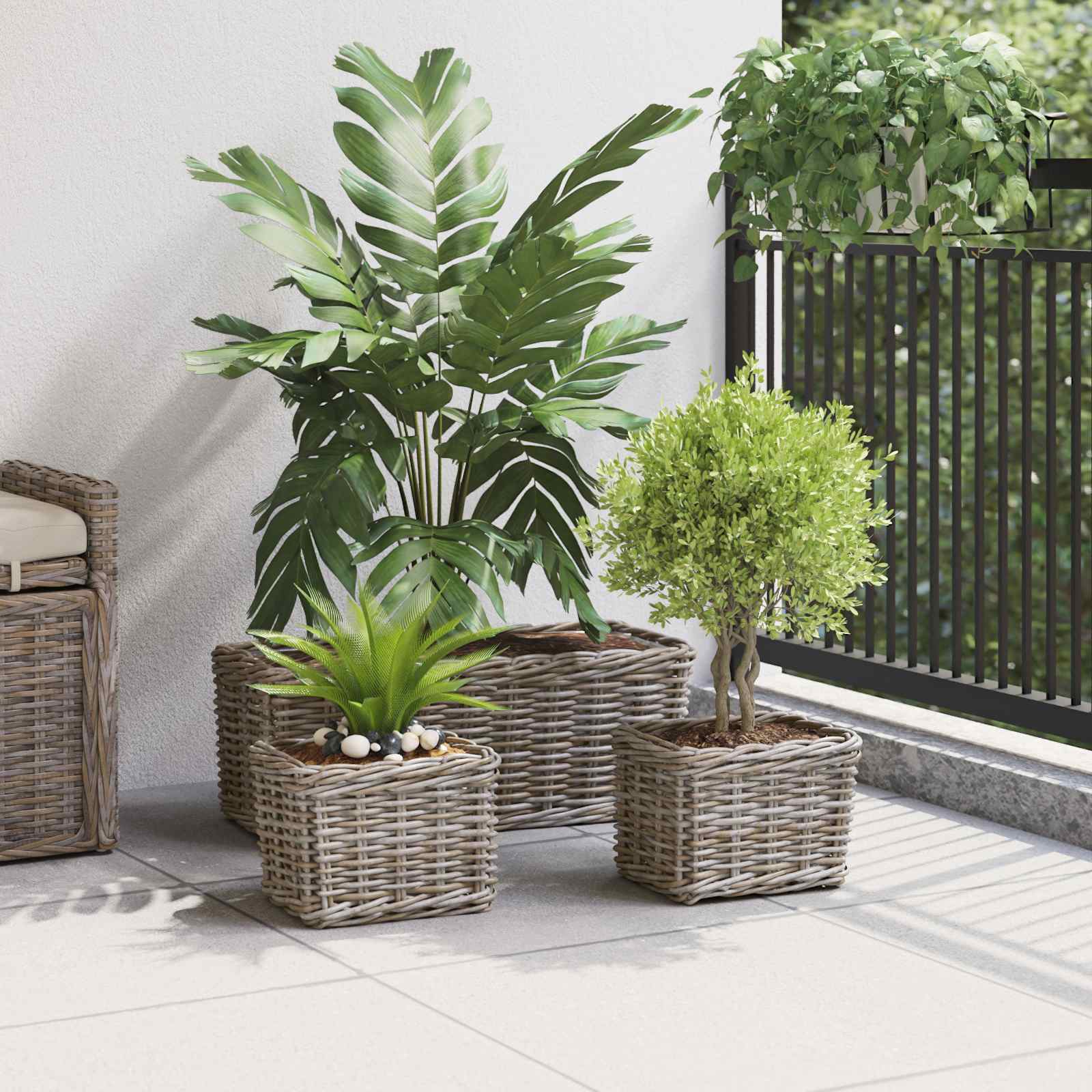 Saksija košarica s pohranom 3 pcs Siva Kubu Ratan