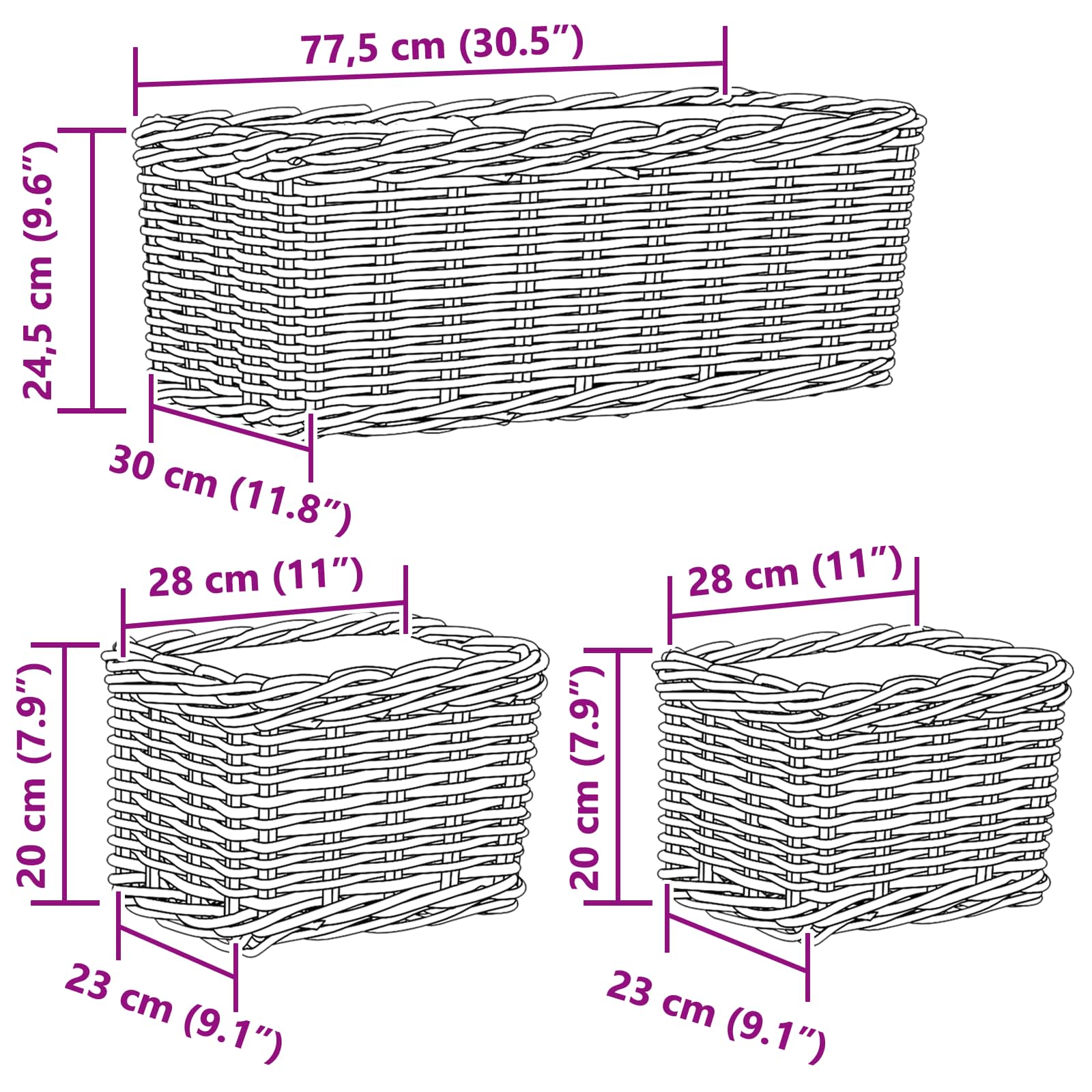 Saksija košarica s pohranom 3 pcs Siva Kubu Ratan