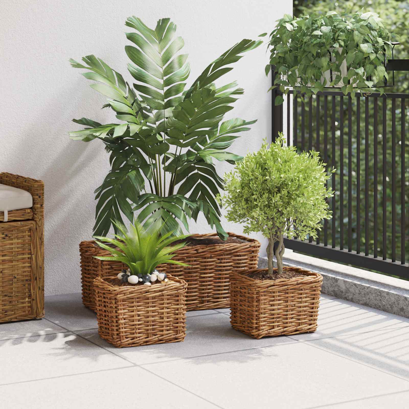 Saksija košarica s pohranom 3 pcs Smeđa Kubu Ratan