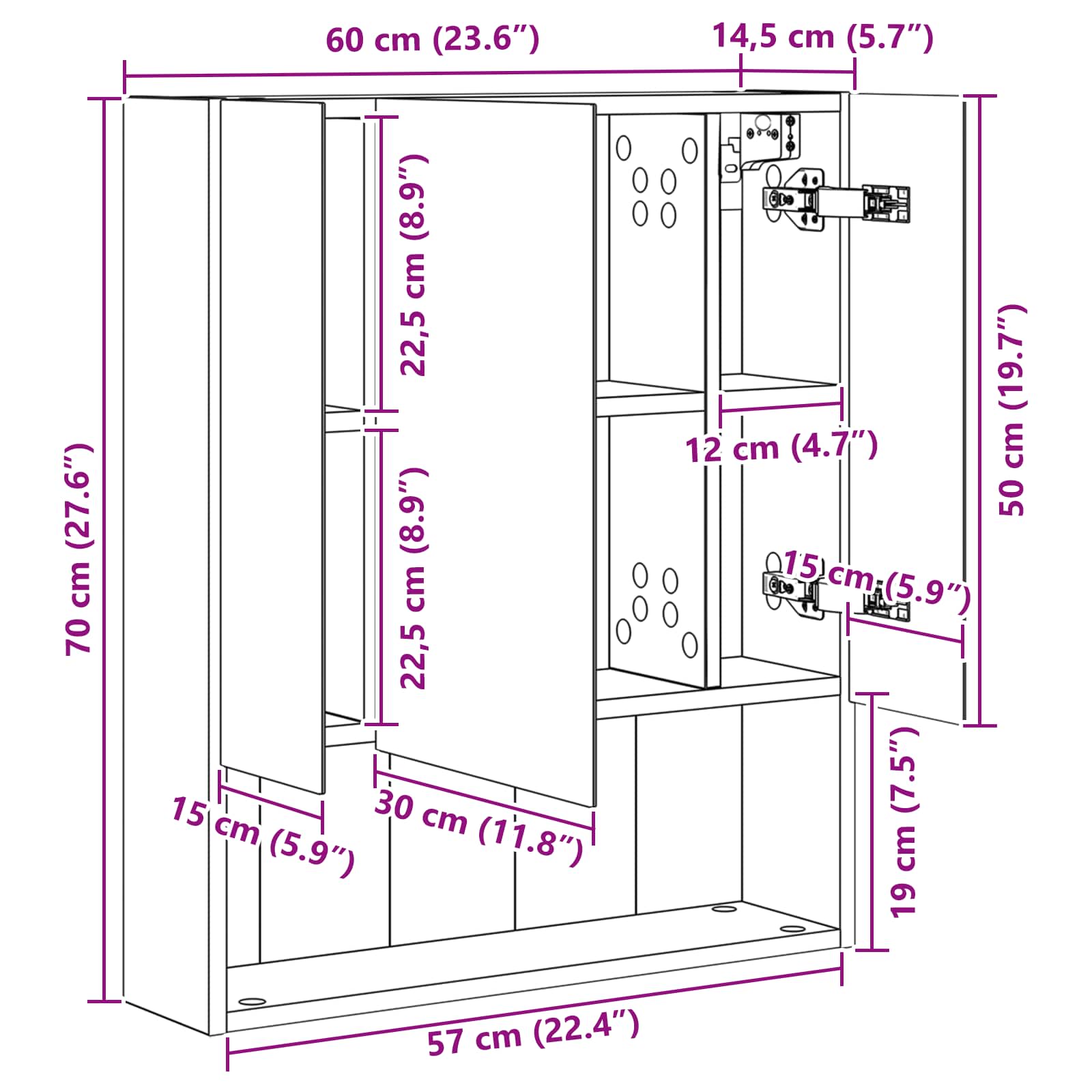 Kupaonski ormar s ogledalom Sonoma hrast 60 x 14.5 x 70 cm