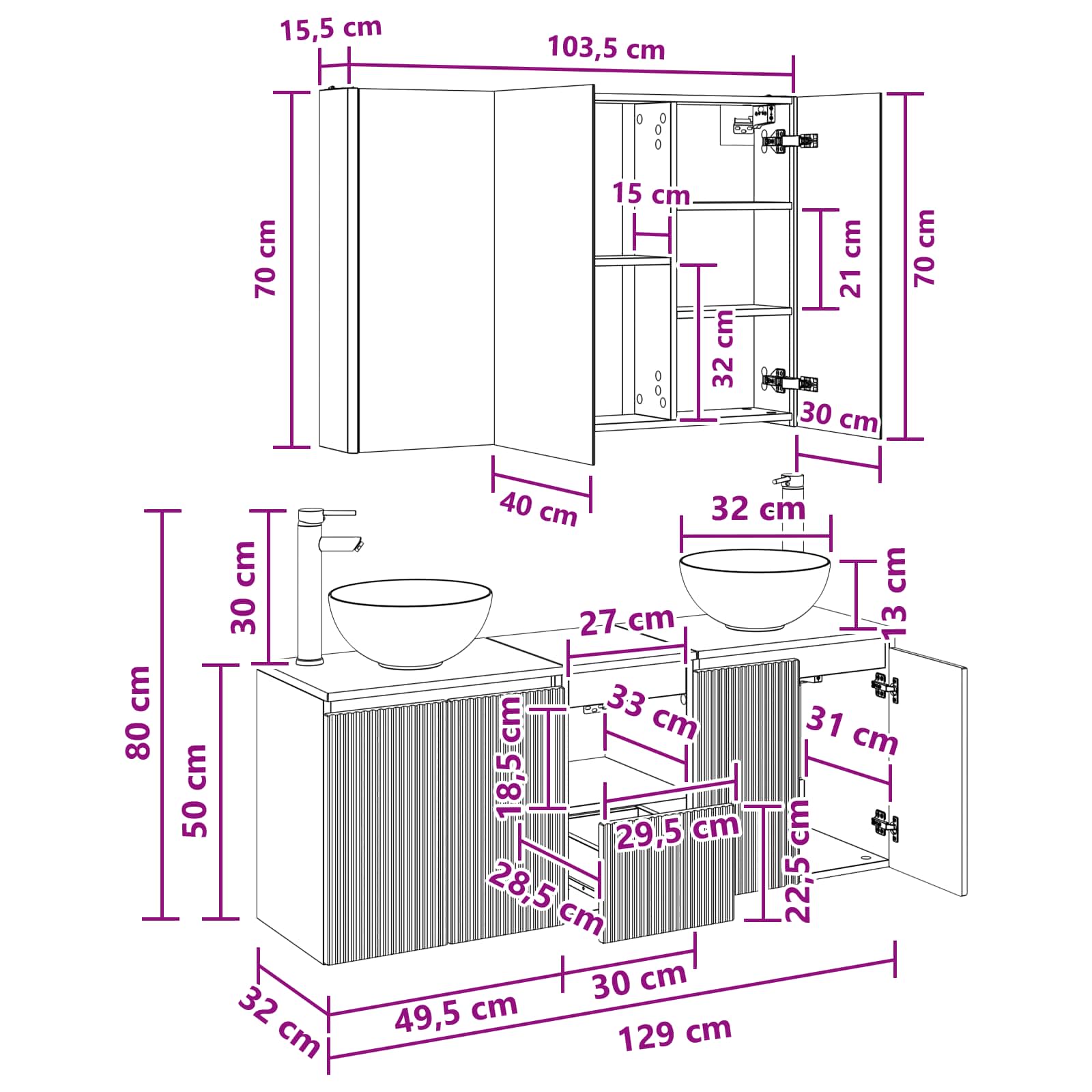 Set ormarića za kupaonicu 4 pcs Bijela 103,5 x 15,5 x 70 cm