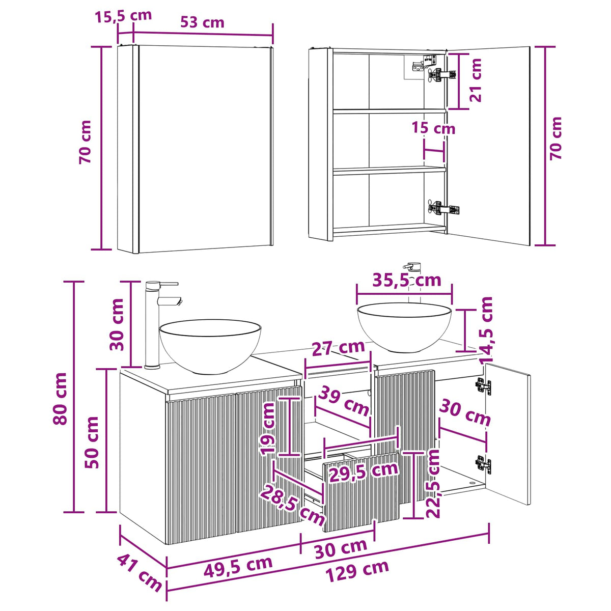 Set ormarića za kupaonicu 5 pcs Bijela 53 x 15,5 x 70 cm