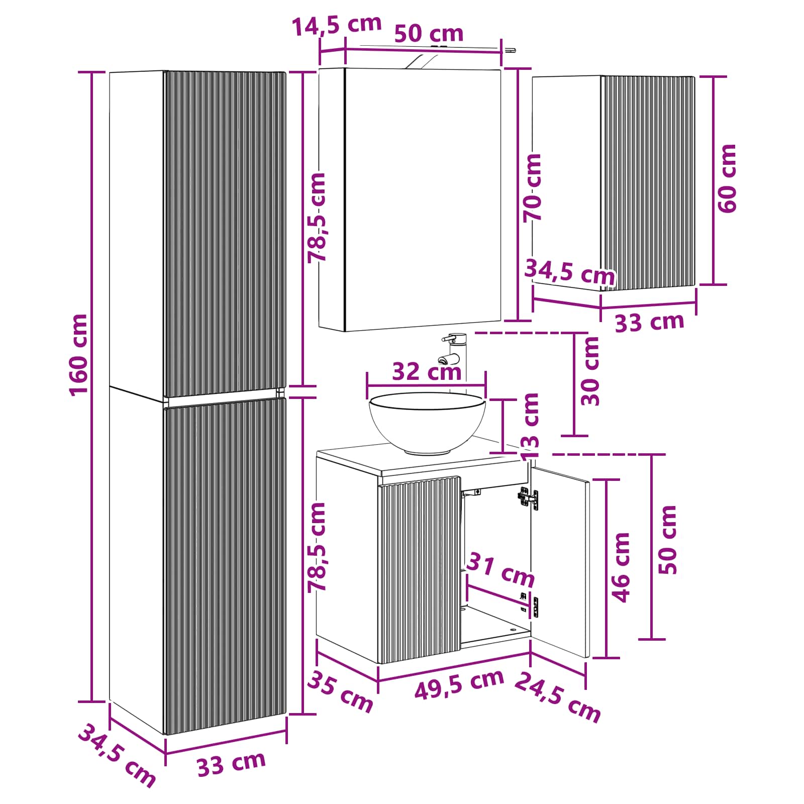 Set ormarića za kupaonicu 5 pcs Staro drvo 50 x 14,5 x 70 cm