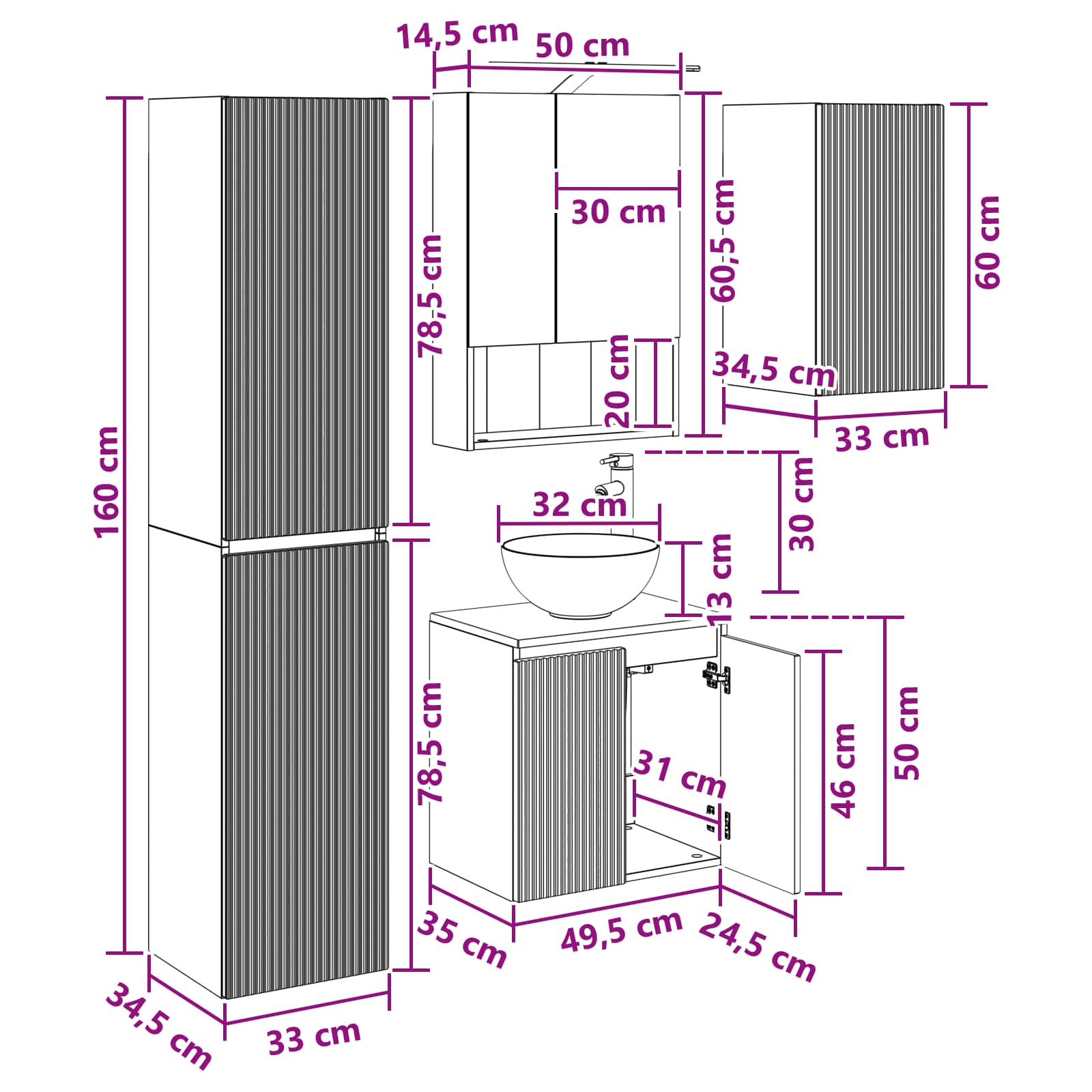 Set ormarića za kupaonicu 5 pcs Staro drvo 50 x 14,5 x 70 cm