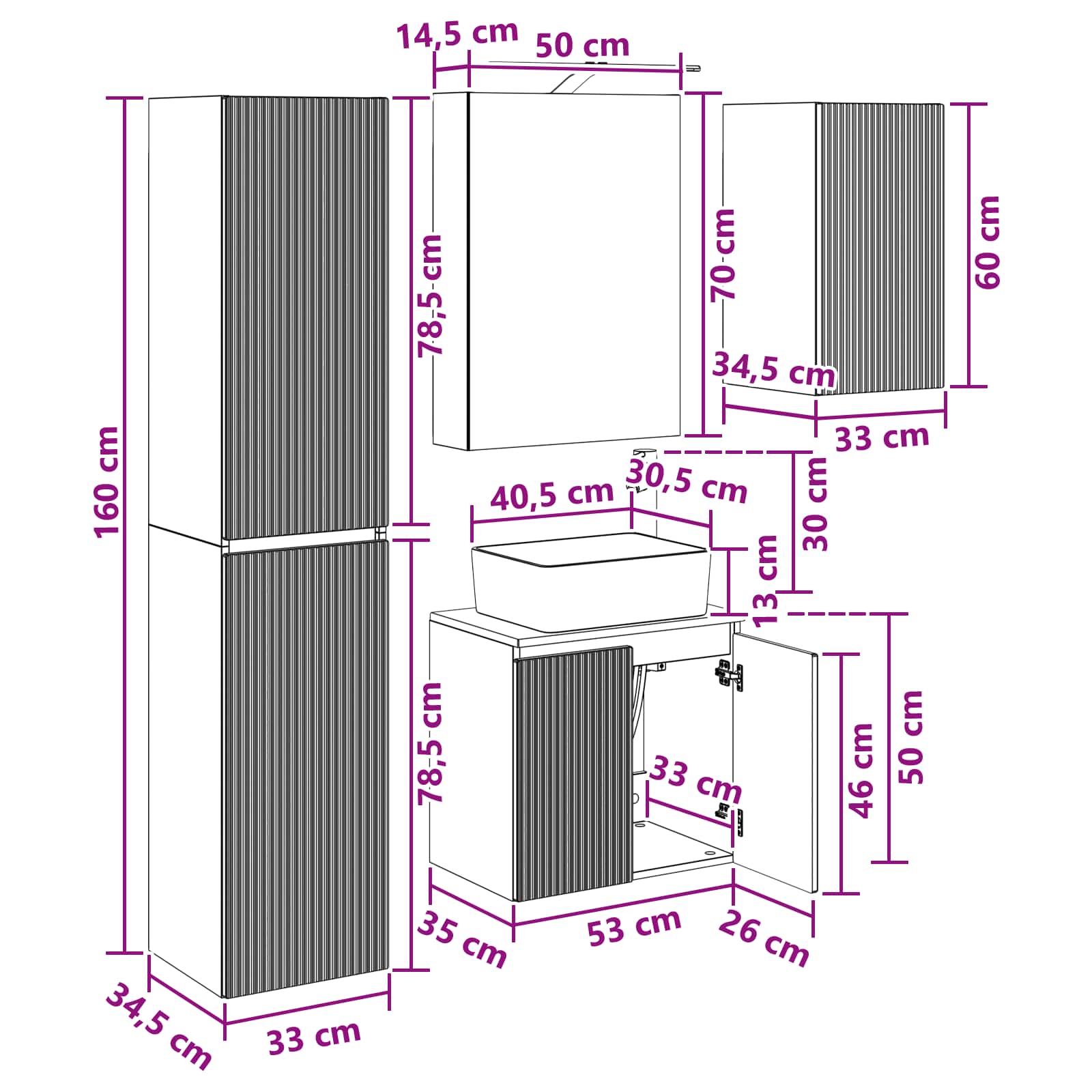 Set ormarića za kupaonicu 5 pcs Staro drvo 50 x 14,5 x 70 cm