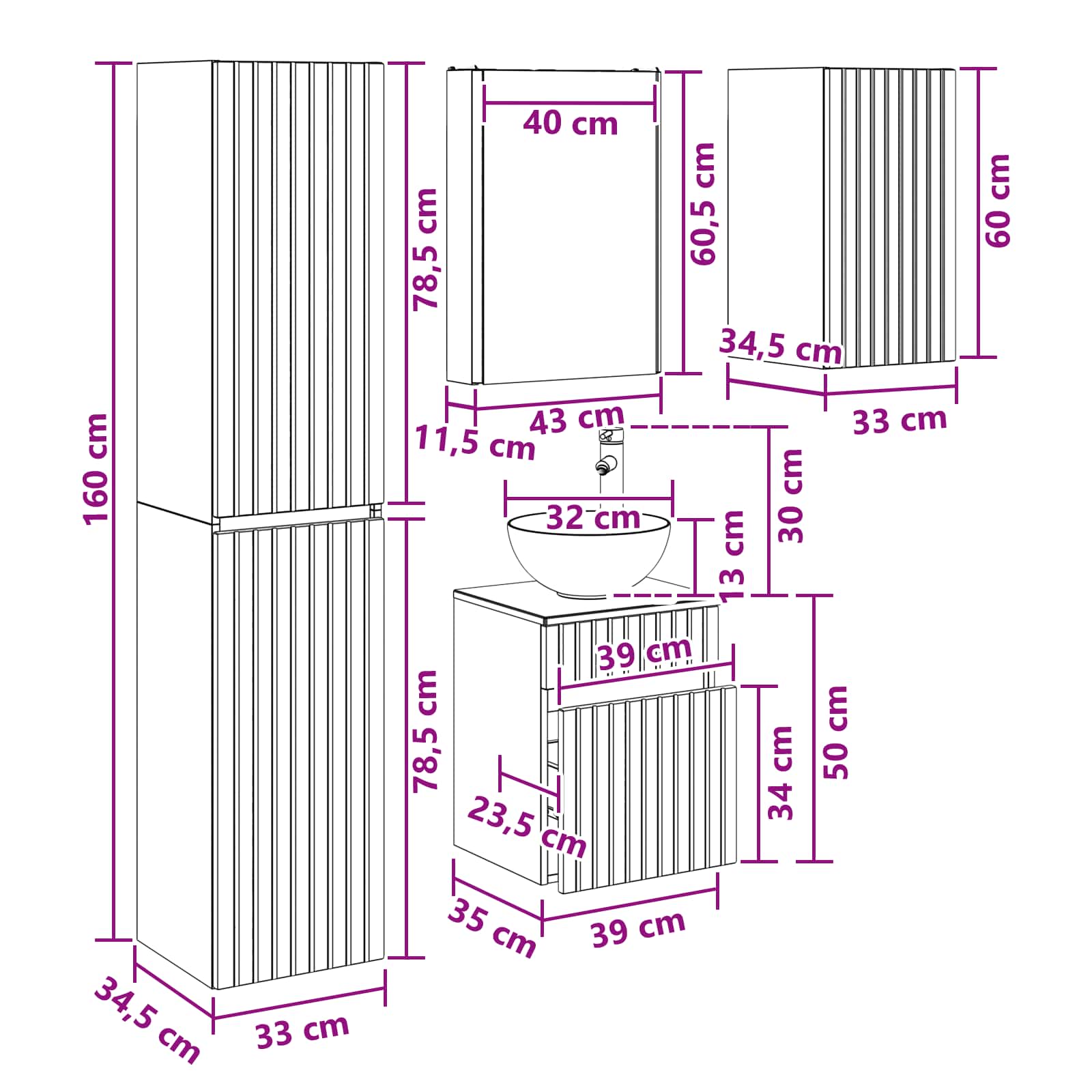Set ormarića za kupaonicu 5 pcs Bijela 43 x 11,5 x 60,5 cm