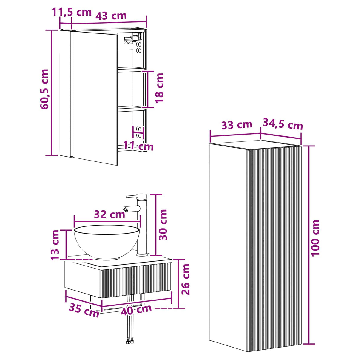 Set ormarića za kupaonicu 4 pcs Bijela 43 x 11,5 x 60,5 cm